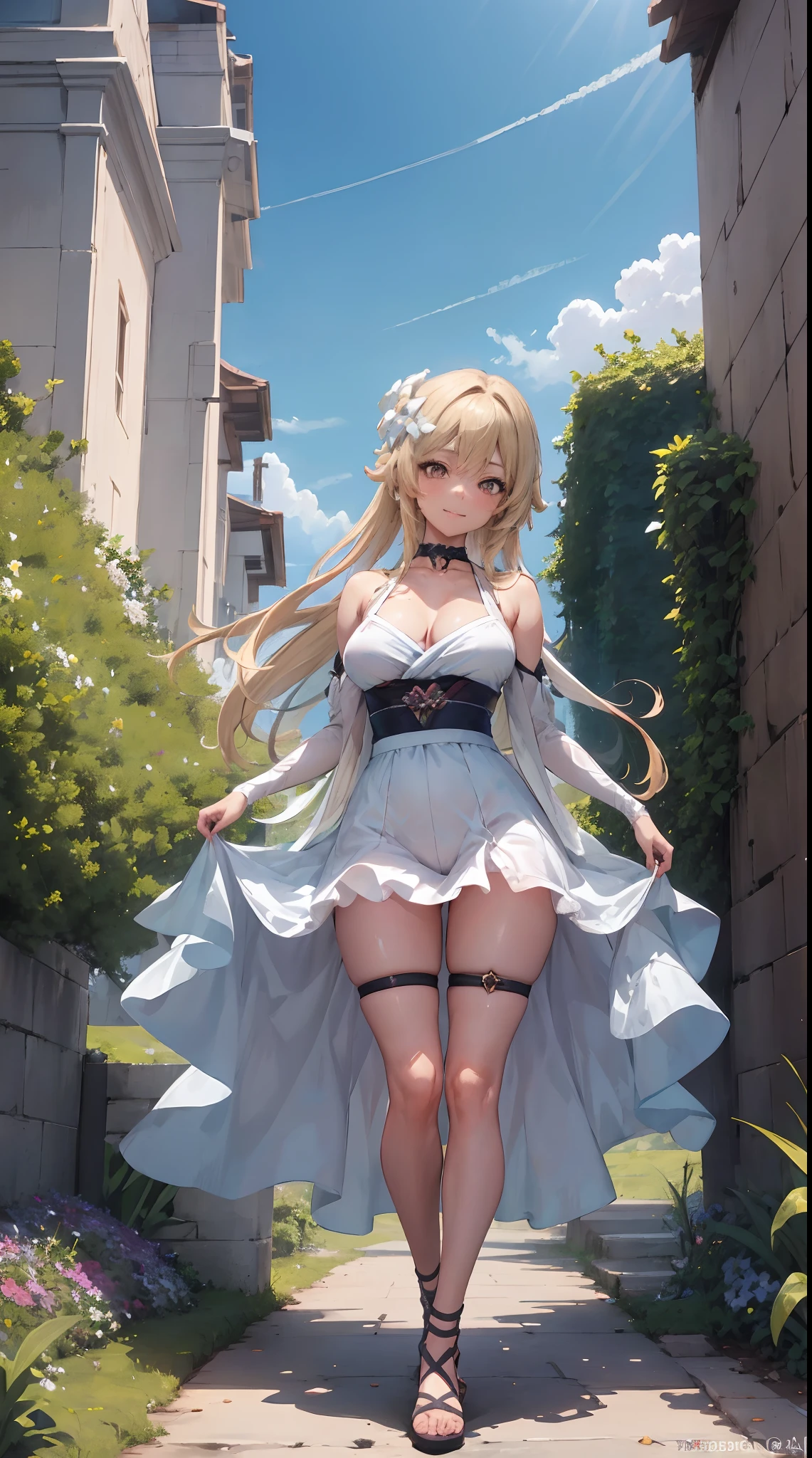 Lumine | genshin impact, master-piece, bestquality, 1girls,25 years old, proportional body, proportional., long-haired, Wear Hanbok, mediuml breasts, ,bara, choker, Standing in the middle of a flower garden, outdoor, The sky is beautiful, arm behind back, against wall, View viewers from the front., Thigh strap, Head tilt, bored, 10, 10, HD, slight smile,