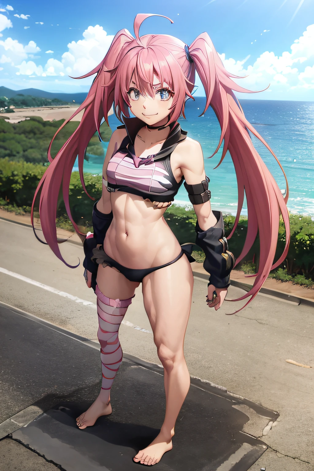((female)), (very messy pink hair), pigtails, (smile), fangs, ((ripped abdomen)), toned arms and legs, medium breasts, (universe setting holding planet earth), blue eyes , yacht in the background, (((best quality))), standing, barefoot