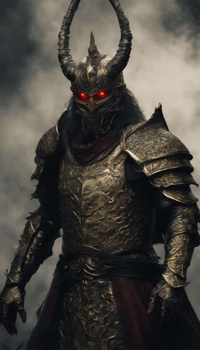 warrior, concept-art, author：Kishiganku, Fantasy art, battleground background, clean render, a horned, Wear a suit of armor, Detailed bushido form smoke, helmet of a forgotten deity, character is standing, 8k Realistic, in game render, detailed face background detail, Art station front page, taur, Pseudo-medieval fantasy, A deity wearing koi armor, detailed bronze armor, Bronze armor, golden etched armor, gold obsidian armor, Light gold armor, Gorgeous filigree armor, A demonic warrior, Gorgeous armor full of thorns, Intricate assasin armor, Intricate metal armor, powerful warrior, Dressed in gorgeous gold armor，Decorated with intricate patterns, The helmet has a large crown and two horns,Glowing red eyes， Everything is in the dark, The smoky background alludes to battle scenes, Add an ominous aura to his character，submission, Full body shot.