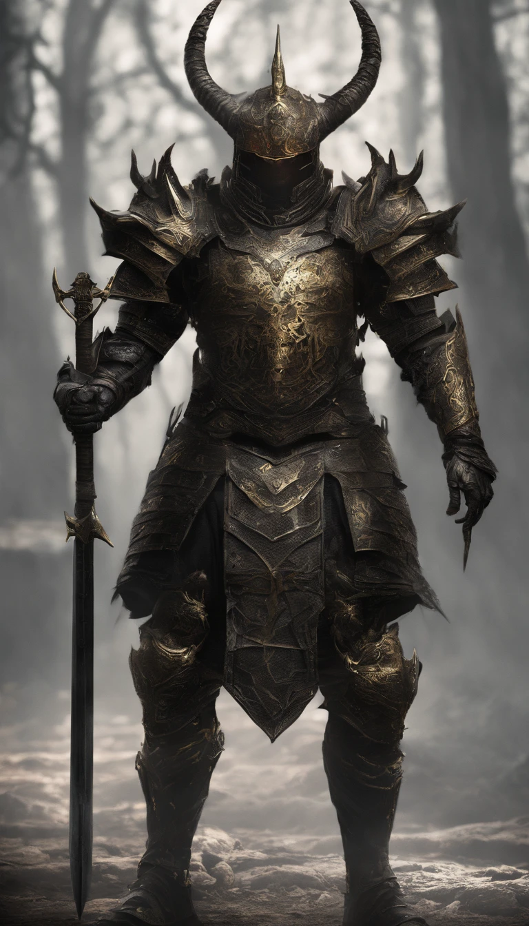 warrior, concept-art, author:Kishiganku, Fantasy art, battleground background, clean render, a horned, Wear a suit of armor, Detailed bushido form smoke, helmet of a forgotten deity, character is standing, 8k Realistic, in game render, detailed face background detail, Art station front page, taur, Pseudo-medieval fantasy, A deity wearing koi armor, detailed bronze armor, Bronze armor, golden etched armor, gold obsidian armor, Light gold armor, Gorgeous filigree armor, A demonic warrior, Gorgeous armor full of thorns, Intricate assasin armor, Intricate metal armor, powerful warrior, Dressed in gorgeous gold armor,Decorated with intricate patterns, The helmet has a large crown and two horns,Glowing red eyes, Everything is in the dark, The smoky background alludes to battle scenes, Add an ominous aura to his character,submission, Full body shot.