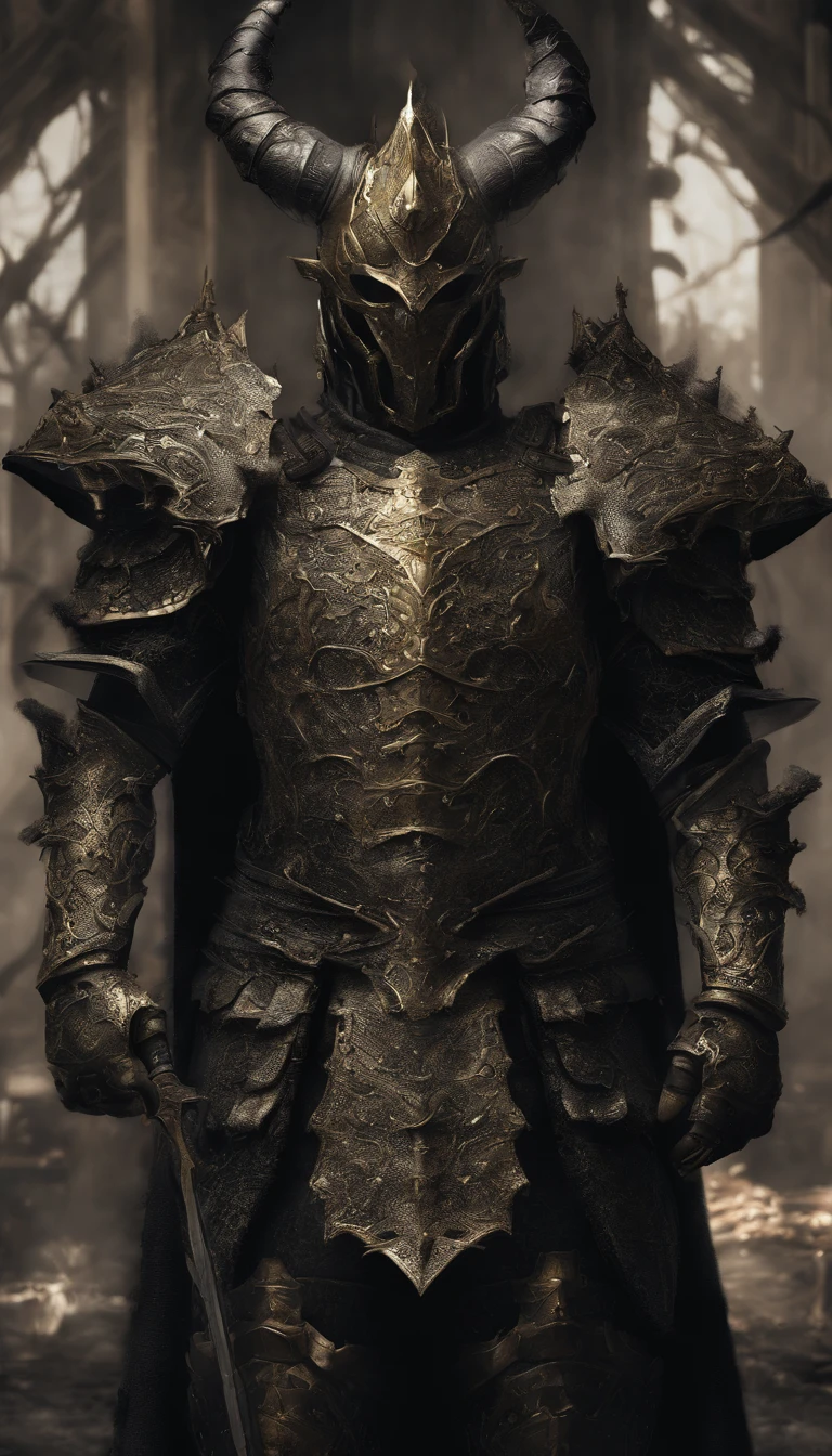 warrior, concept-art, author：Kishiganku, Fantasy art, battleground background, clean render, a horned, Wear a suit of armor, Detailed bushido form smoke, helmet of a forgotten deity, character is standing, 8k Realistic, in game render, detailed face background detail, Art station front page, taur, Pseudo-medieval fantasy, A deity wearing koi armor, detailed bronze armor, Bronze armor, golden etched armor, gold obsidian armor, Light gold armor, Gorgeous filigree armor, A demonic warrior, Gorgeous armor full of thorns, Intricate assasin armor, Intricate metal armor, powerful warrior, Dressed in gorgeous gold armor，Decorated with intricate patterns, The helmet has a large crown and two horns,Glowing red eyes， Everything is in the dark, The smoky background alludes to battle scenes, Add an ominous aura to his character，submission, Full body shot.