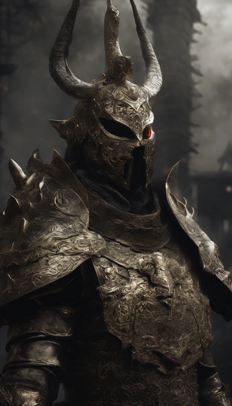 warrior, concept-art, author:Kishiganku, Fantasy art, battleground background, clean render, a horned, Wear a suit of armor, Detailed bushido form smoke, helmet of a forgotten deity, character is standing, 8k Realistic, in game render, detailed face background detail, Art station front page, taur, Pseudo-medieval fantasy, A deity wearing koi armor, detailed bronze armor, Bronze armor, golden etched armor, gold obsidian armor, Light gold armor, Gorgeous filigree armor, A demonic warrior, Gorgeous armor full of thorns, Intricate assasin armor, Intricate metal armor, powerful warrior, Dressed in gorgeous gold armor,Decorated with intricate patterns, The helmet has a large crown and two horns,Glowing red eyes, Everything is in the dark, The smoky background alludes to battle scenes, Add an ominous aura to his character,submission, Full body shot.