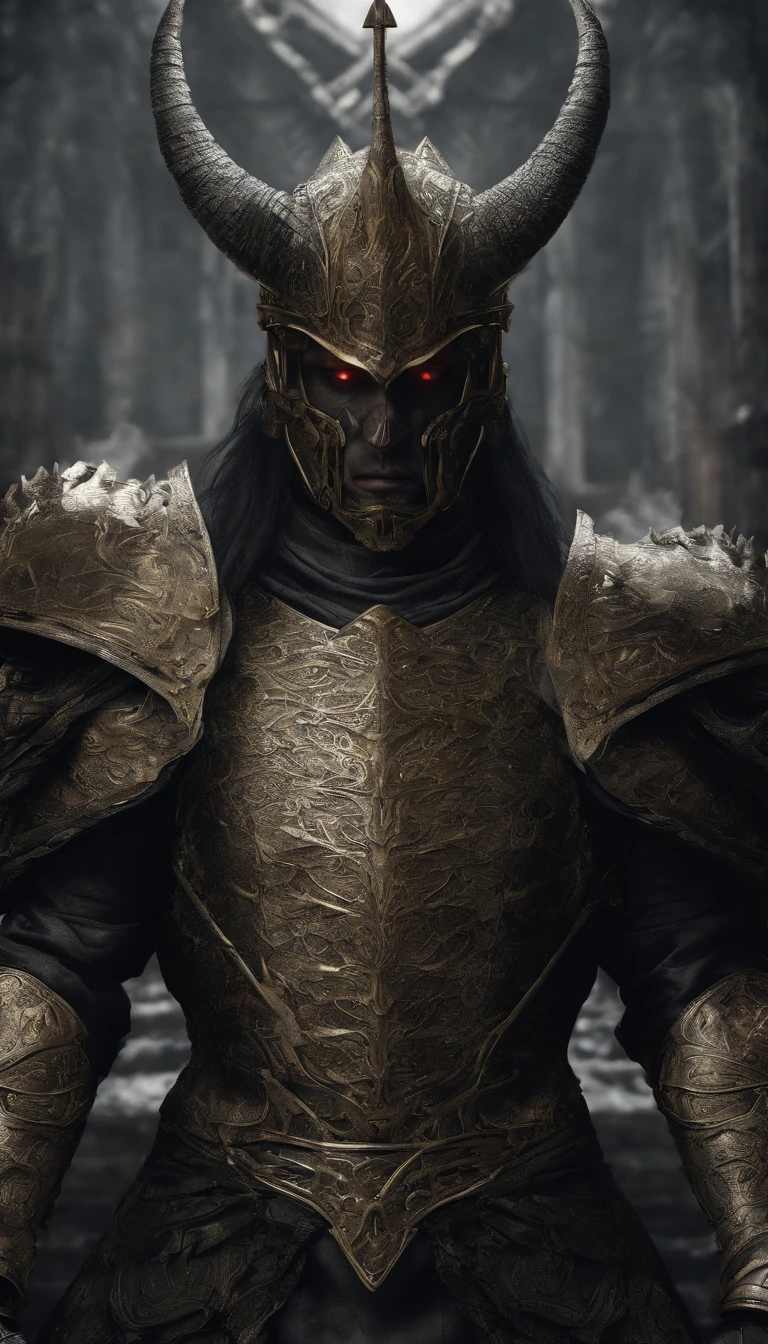 warrior, concept-art, author:Kishiganku, Fantasy art, battleground background, clean render, a horned, Wear a suit of armor, Detailed bushido form smoke, helmet of a forgotten deity, character is standing, 8k Realistic, in game render, detailed face background detail, Art station front page, taur, Pseudo-medieval fantasy, A deity wearing koi armor, detailed bronze armor, Bronze armor, golden etched armor, gold obsidian armor, Light gold armor, Gorgeous filigree armor, A demonic warrior, Gorgeous armor full of thorns, Intricate assasin armor, Intricate metal armor, powerful warrior, Dressed in gorgeous gold armor,Decorated with intricate patterns, The helmet has a large crown and two horns,Glowing red eyes, Everything is in the dark, The smoky background alludes to battle scenes, Add an ominous aura to his character,submission, Full body shot.