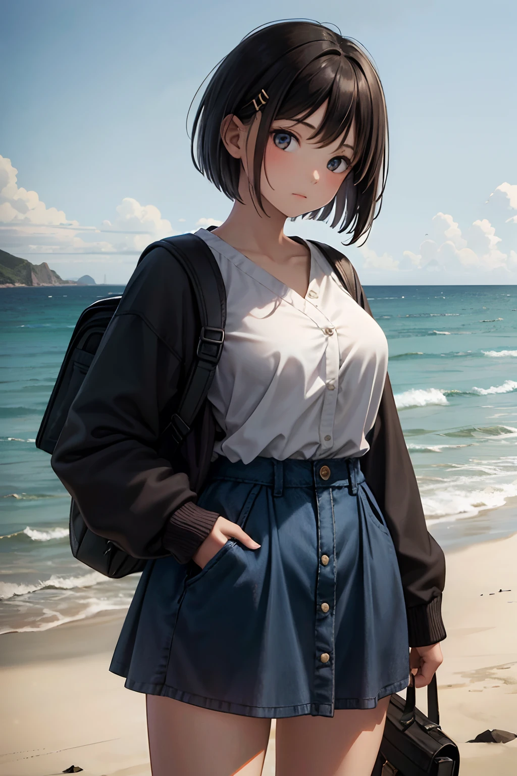 masterpiece, best quality,2girl,young girl, mocha eyes, gray, choppy bob,sleepy _face,shiny skin,large breasts,nice leg line:1.3,thick thighs, thin waist,, Pink_knit_cardigan, white_button-up_shirt, navy_blue_A-line_skirt, white_canvas_sneakers, black_hair_clips, black_backpack, , Cliff_overlooking_the_ocean,,looking at viewer,cowboy shot,dynamic angle