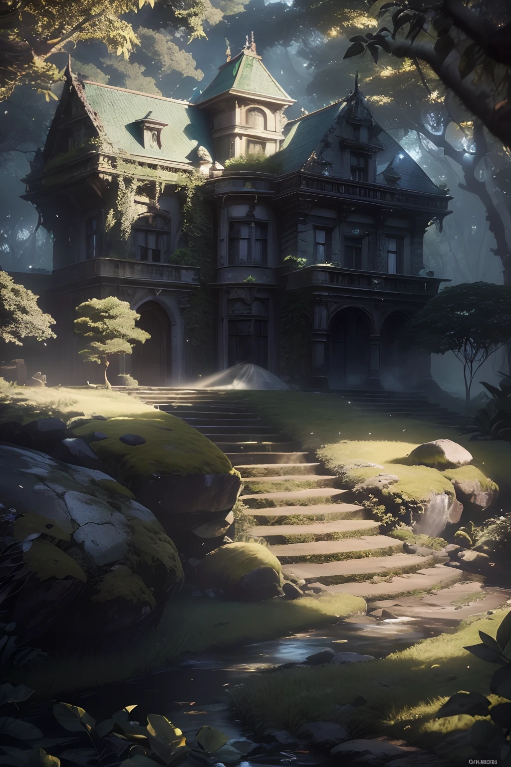 obra-prima, melhor qualidade, (muito detalhado CG unificado papel de parede 8k), (melhor qualidade), (best illustration), (melhor sombra), elfo brilhante com um cervo brilhante, Drinking water in the pool, elementos naturais no tema floresta. floresta misteriosa, bela floresta, Natureza, big mansion, Giant Mansion, Gothic style, Dark and greenish mansion, Mansion in the middle of the forest, cercada de flores, folhas delicadas e galhos cercados por vagalumes (elementos naturais), (Jungle Theme with Mansion), (folhas), (galhos), (vagalumes), (particle effects) e outros 3D, octan render, ray tracing, super detalhado, Besta --v6