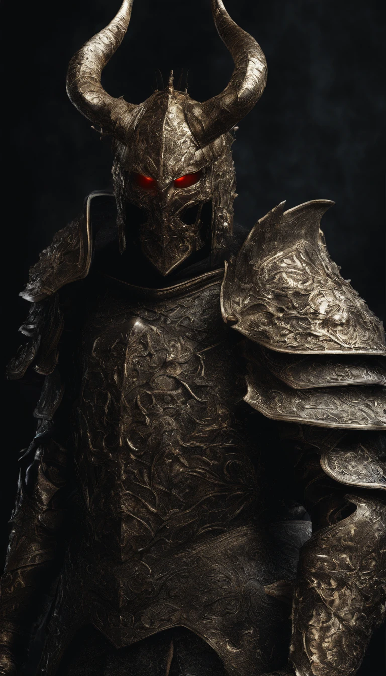 warrior, concept-art, author:Kishiganku, Fantasy art, battleground background, clean render, a horned, Wear a suit of armor, Detailed bushido form smoke, helmet of a forgotten deity, character is standing, 8k Realistic, in game render, detailed face background detail, Art station front page, taur, Pseudo-medieval fantasy, A deity wearing koi armor, detailed bronze armor, Bronze armor, golden etched armor, gold obsidian armor, Light gold armor, Gorgeous filigree armor, A demonic warrior, Gorgeous armor full of thorns, Intricate assasin armor, Intricate metal armor, powerful warrior, Dressed in gorgeous gold armor,Decorated with intricate patterns, The helmet has a large crown and two horns,Glowing red eyes, Everything is in the dark, The smoky background alludes to battle scenes, Add an ominous aura to his character,submission, Full body shot.