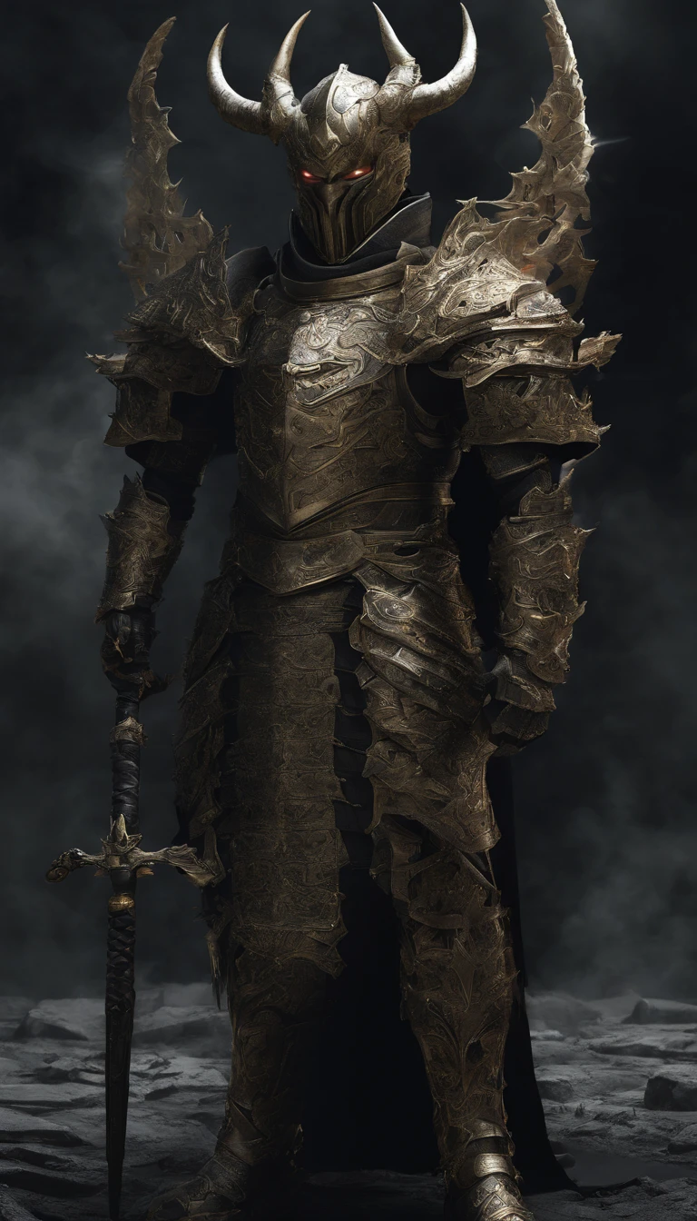 warrior, concept-art, author:Kishiganku, Fantasy art, battleground background, clean render, a horned, Wear a suit of armor, Detailed bushido form smoke, helmet of a forgotten deity, character is standing, 8k Realistic, in game render, detailed face background detail, Art station front page, taur, Pseudo-medieval fantasy, A deity wearing koi armor, detailed bronze armor, Bronze armor, golden etched armor, gold obsidian armor, Light gold armor, Gorgeous filigree armor, A demonic warrior, Gorgeous armor full of thorns, Intricate assasin armor, Intricate metal armor, powerful warrior, Dressed in gorgeous gold armor,Decorated with intricate patterns, The helmet has a large crown and two horns,Glowing red eyes, Everything is in the dark, The smoky background alludes to battle scenes, Add an ominous aura to his character,submission, Full body shot.