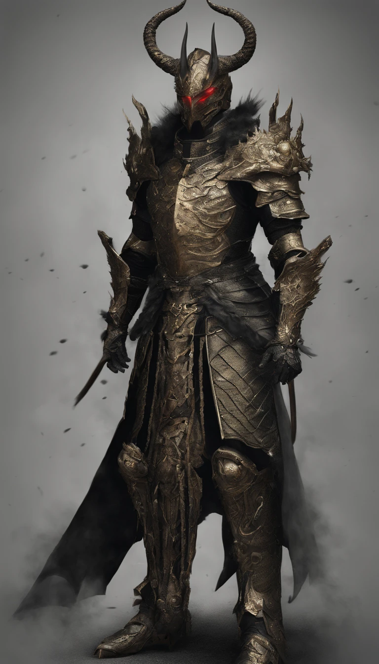 warrior, concept-art, author：Kishiganku, Fantasy art, battleground background, clean render, a horned, Wear a suit of armor, Detailed bushido form smoke, helmet of a forgotten deity, character is standing, 8k Realistic, in game render, detailed face background detail, Art station front page, taur, Pseudo-medieval fantasy, A deity wearing koi armor, detailed bronze armor, Bronze armor, golden etched armor, gold obsidian armor, Light gold armor, Gorgeous filigree armor, A demonic warrior, Gorgeous armor full of thorns, Intricate assasin armor, Intricate metal armor, powerful warrior, Dressed in gorgeous gold armor，Decorated with intricate patterns, The helmet has a large crown and two horns,Glowing red eyes， Everything is in the dark, The smoky background alludes to battle scenes, Add an ominous aura to his character，submission, Full body shot.