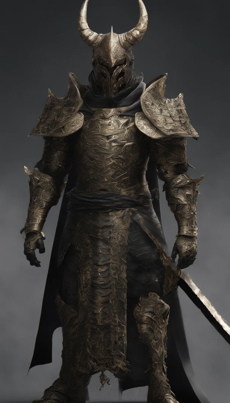 warrior, concept-art, author:Kishiganku, Fantasy art, battleground background, clean render, a horned, Wear a suit of armor, Detailed bushido form smoke, helmet of a forgotten deity, character is standing, 8k Realistic, in game render, detailed face background detail, Art station front page, taur, Pseudo-medieval fantasy, A deity wearing koi armor, detailed bronze armor, Bronze armor, golden etched armor, gold obsidian armor, Light gold armor, Gorgeous filigree armor, A demonic warrior, Gorgeous armor full of thorns, Intricate assasin armor, Intricate metal armor, powerful warrior, Dressed in gorgeous gold armor,Decorated with intricate patterns, The helmet has a large crown and two horns,Glowing red eyes, Everything is in the dark, The smoky background alludes to battle scenes, Add an ominous aura to his character,submission, Full body shot.