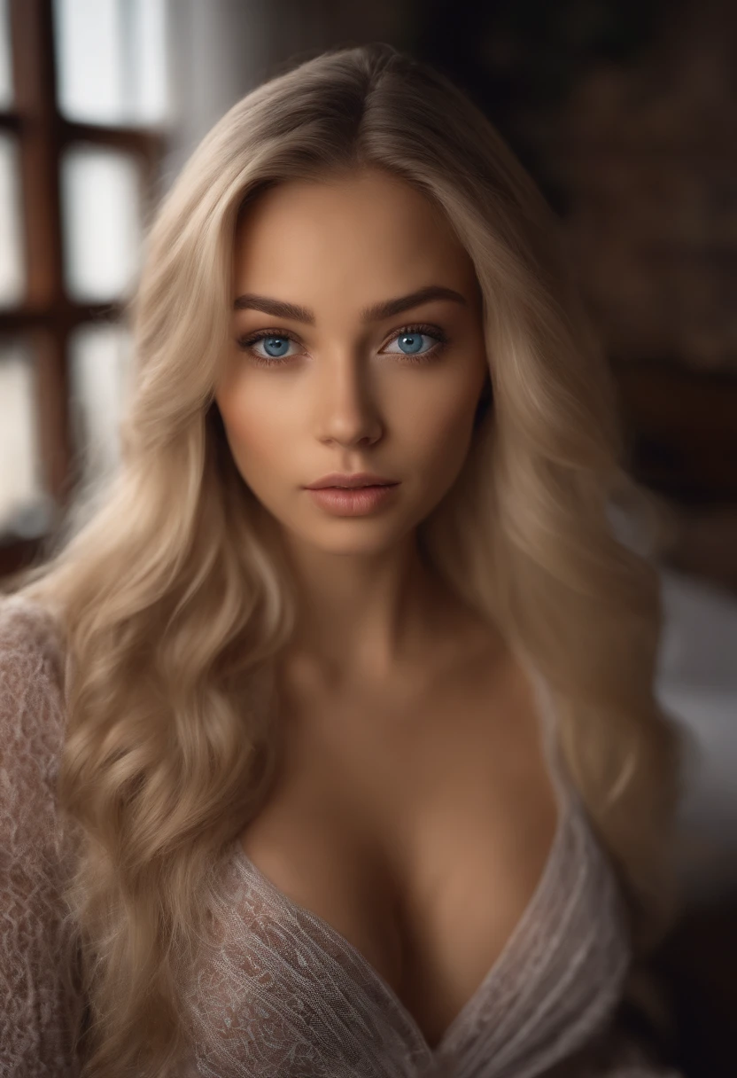 Arafed woman in full , Sexy girl with blue eyes, ultra realistis, Meticulous detail, portrait sophie mudd, blonde hair and large eyes, selfie of a young woman, bedroom eyes, violet myers, no makeup, natural makeup, looking straight at camera, face with artgram, fine makeup, Stunning full-length shot, kneeling on the bed, At the beach bar, Medium and Large Size Mixed Race Bust