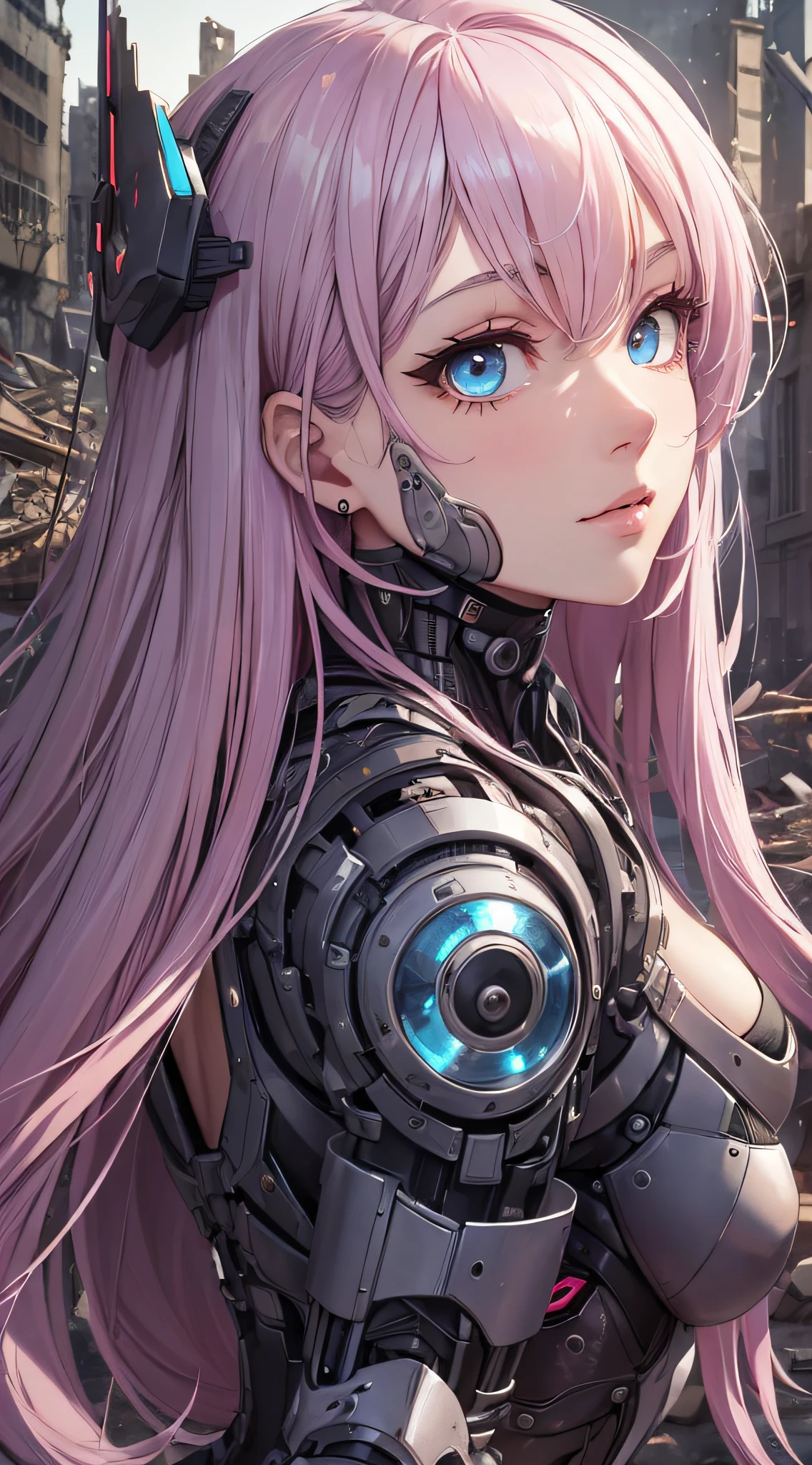 top-quality、Top image quality、masterpiece、girl with((18year old、cyborgs、System Dynamics、Metallic body、Best Bust、Medium bust、Long pink hair、Light blue eyes、Beautiful back、deadpan、Breasts wide open、low angles、Look around))hiquality、Beautiful Art、Background with(A desert、Collapsed buildings、Broken Robots)),masutepiece、Elaborate design、visualart、depth of fields、The best lighting、highestdetailed、low angles