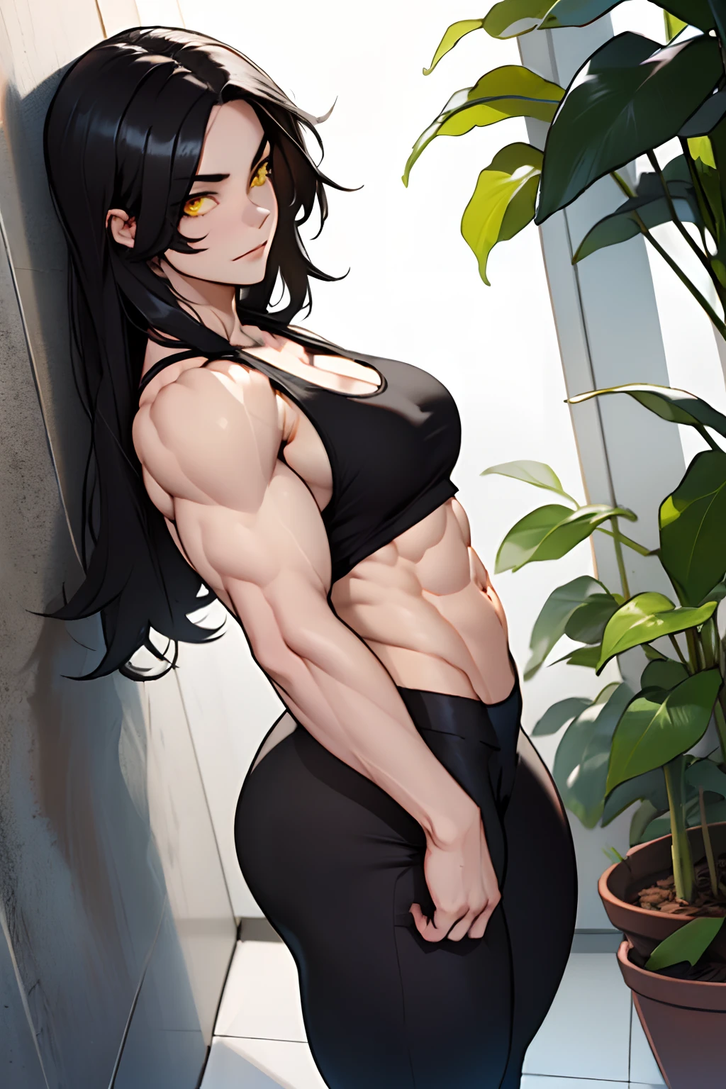 (((((((1 girl muscular))))))), black hair, yellow eyes, very long hair, tall, pale skin, (seductive expression), tank top, leggings