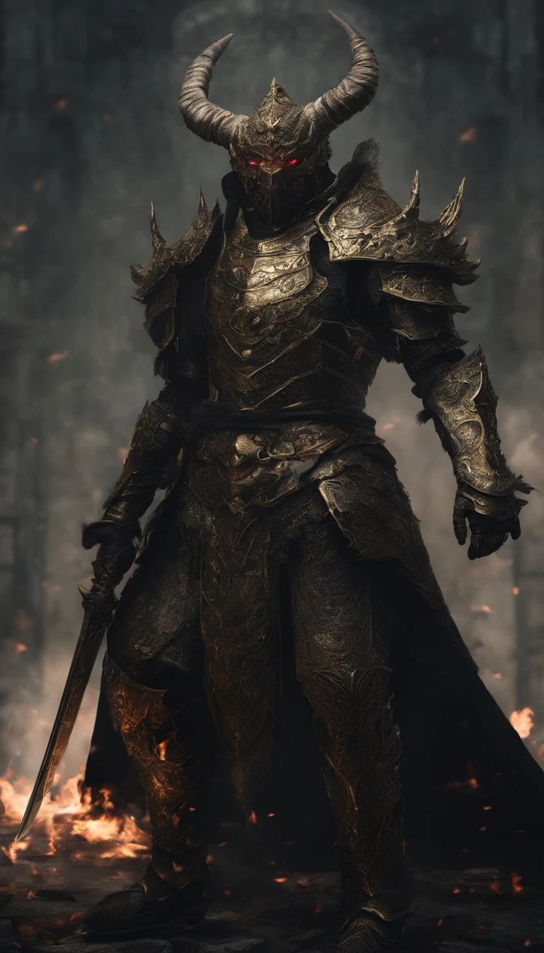 warrior, concept-art, author:Kishiganku, Fantasy art, battleground background, clean render, a horned, Wear a suit of armor, Detailed bushido form smoke, helmet of a forgotten deity, character is standing, 8k Realistic, in game render, detailed face background detail, Art station front page, taur, Pseudo-medieval fantasy, A deity wearing koi armor, detailed bronze armor, Bronze armor, golden etched armor, gold obsidian armor, Light gold armor, Gorgeous filigree armor, A demonic warrior, Gorgeous armor full of thorns, Intricate assasin armor, Intricate metal armor, powerful warrior, Dressed in gorgeous gold armor,Decorated with intricate patterns, The helmet has a large crown and two horns,Glowing red eyes, Everything is in the dark, The smoky background alludes to battle scenes, Add an ominous aura to his character,submission, Full body shot.