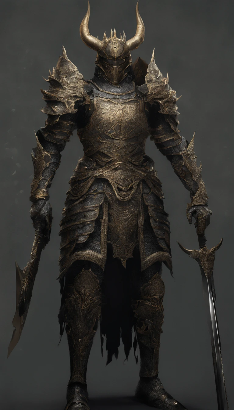 warrior, concept-art, author:Kishiganku, Fantasy art, battleground background, clean render, a horned, Wear a suit of armor, Detailed bushido form smoke, helmet of a forgotten deity, character is standing, 8k Realistic, in game render, detailed face background detail, Art station front page, taur, Pseudo-medieval fantasy, A deity wearing koi armor, detailed bronze armor, Bronze armor, golden etched armor, gold obsidian armor, Light gold armor, Gorgeous filigree armor, A demonic warrior, Gorgeous armor full of thorns, Intricate assasin armor, Intricate metal armor, powerful warrior, Dressed in gorgeous gold armor,Decorated with intricate patterns, The helmet has a large crown and two horns,Glowing red eyes, Everything is in the dark, The smoky background alludes to battle scenes, Add an ominous aura to his character,submission, Full body shot.