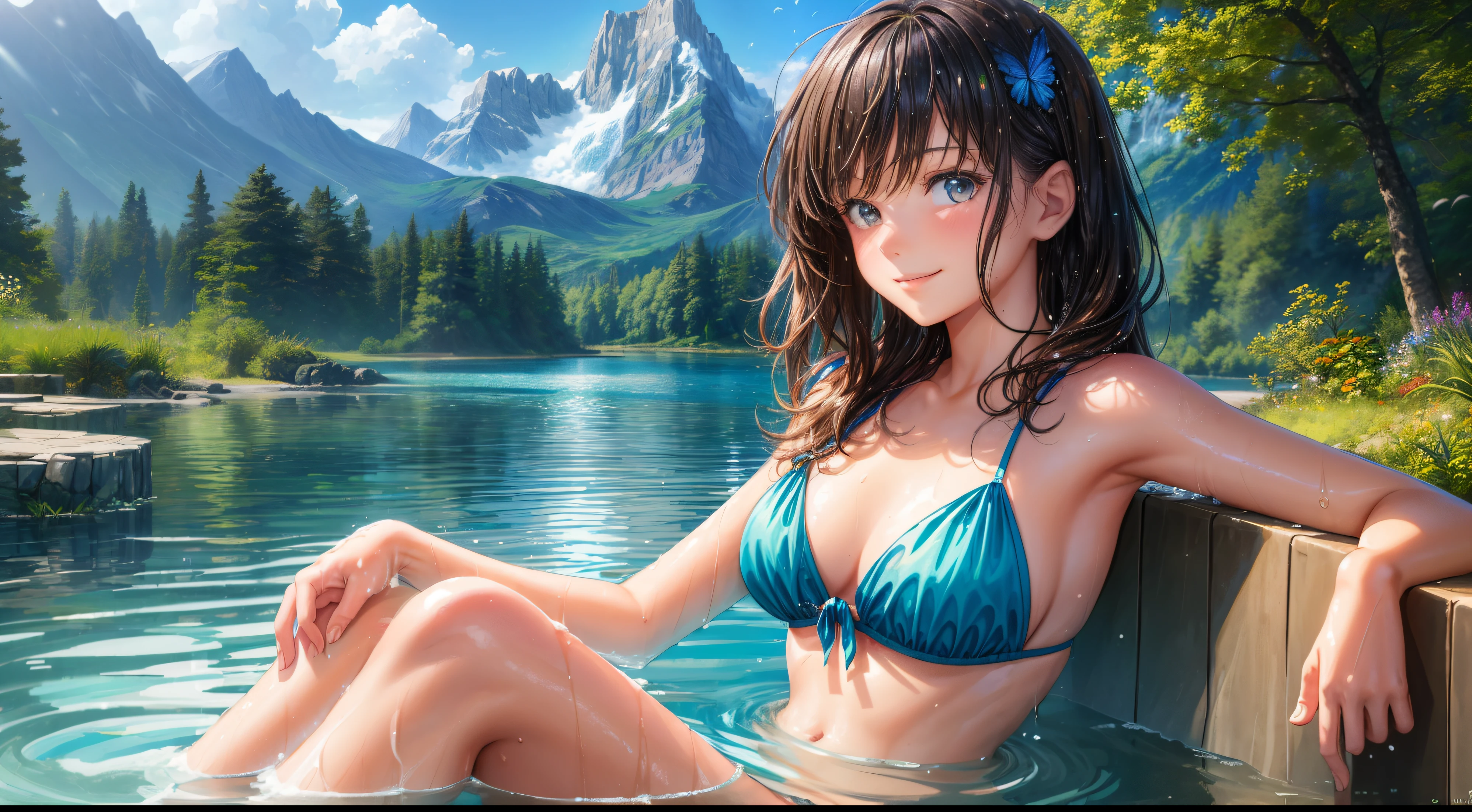 (a girl bathing:1.4), (playing in the water), (in a lake), waterfall in the background, mountains, trees, butterflys, realistic, 1girl, bikini, smiling seductively into the camera, dark hair messed up, shot from a distance