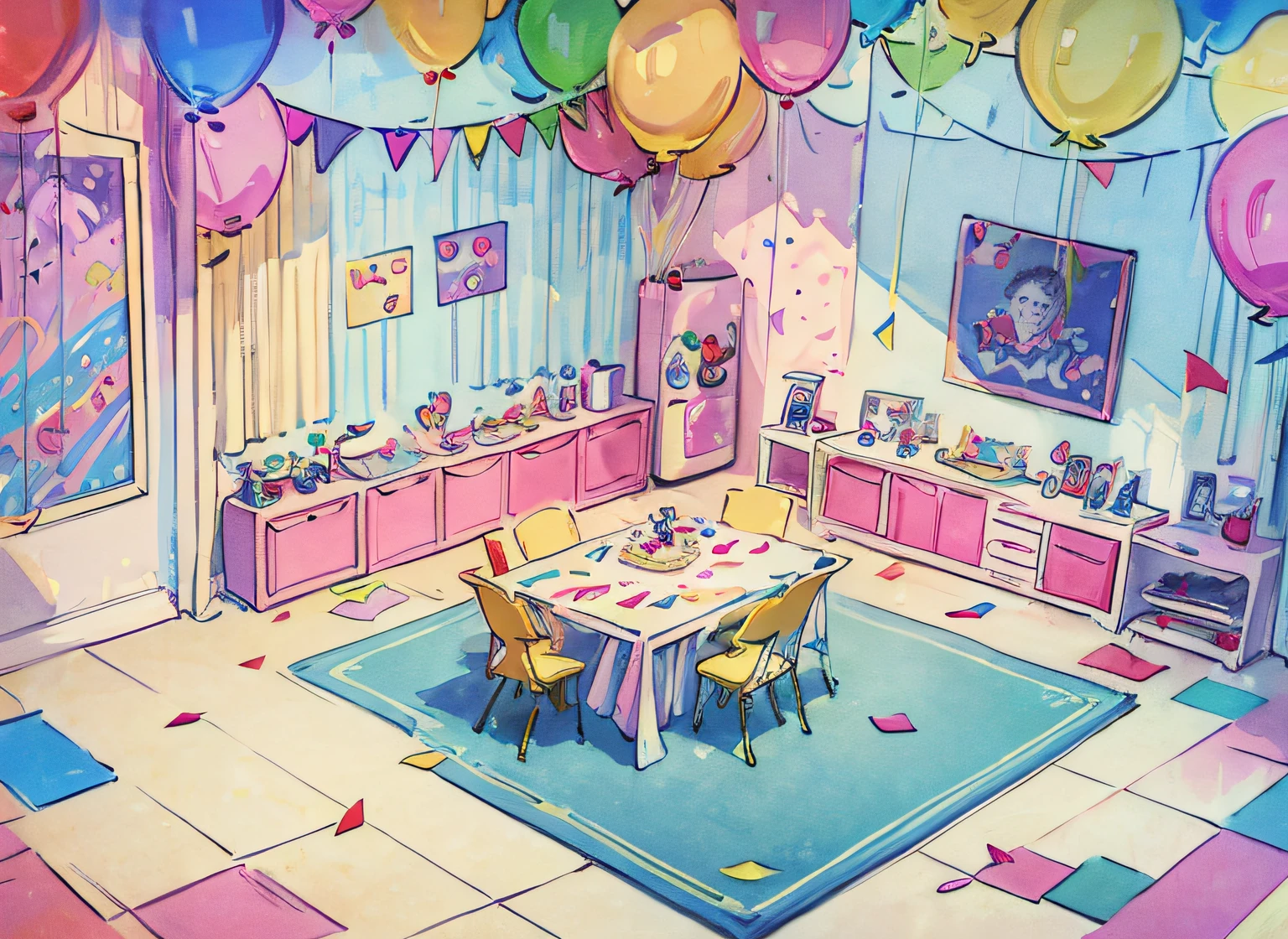birthday party, Celebrating play laughter, balloons and confetti,Party Room Decoration Cake, Indoor colorful room, Bright celebration, Andy Warhol, pop-art, acrylic、canvas, Vibrant stylized, Bright primary colors, 2D Digital Painting, High Definition Crisp