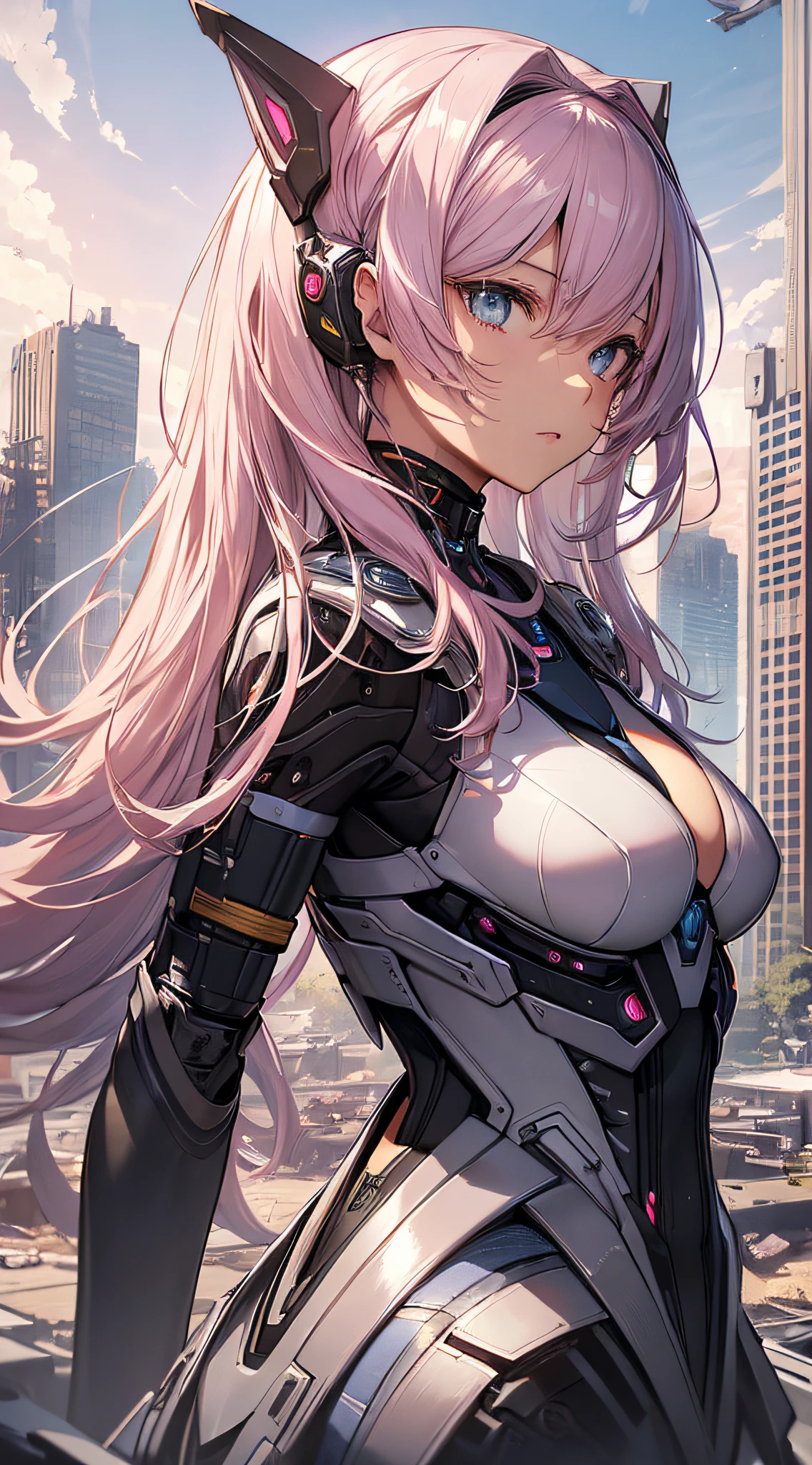 top-quality、Top image quality、masterpiece、girl with((18year old、cyborgs、System Dynamics、Metallic body、Best Bust、Medium bust、Long pink hair、Light blue eyes、Beautiful back、deadpan、Breasts wide open、Show Back View、low angles))hiquality、Beautiful Art、Background with(A desert、Collapsed buildings、natta、nigh sky、stele々)),masutepiece、Elaborate design、visualart、depth of fields、The best lighting、highestdetailed、low angles