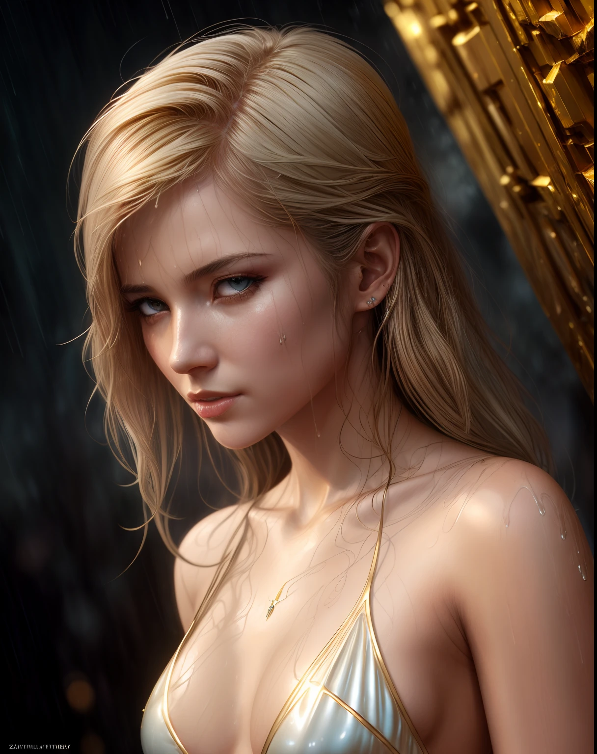 golden and white, spider man, drip outfit, heavy rain, magical, highly detailed, trending on artstation, unreal engine 4 k, cinematic wallpaper by stanley artgerm lau, wlop, rossdraws, james jean, andrei riabovitchev, marc simonetti, yoshitaka amano. background by james jean and gustav klimt, light by julie bell, 4 k, porcelain skin, style of zdislaw beksinski, detailed, 8k, dynamic lighting, white chromatic aberration, soaking wet