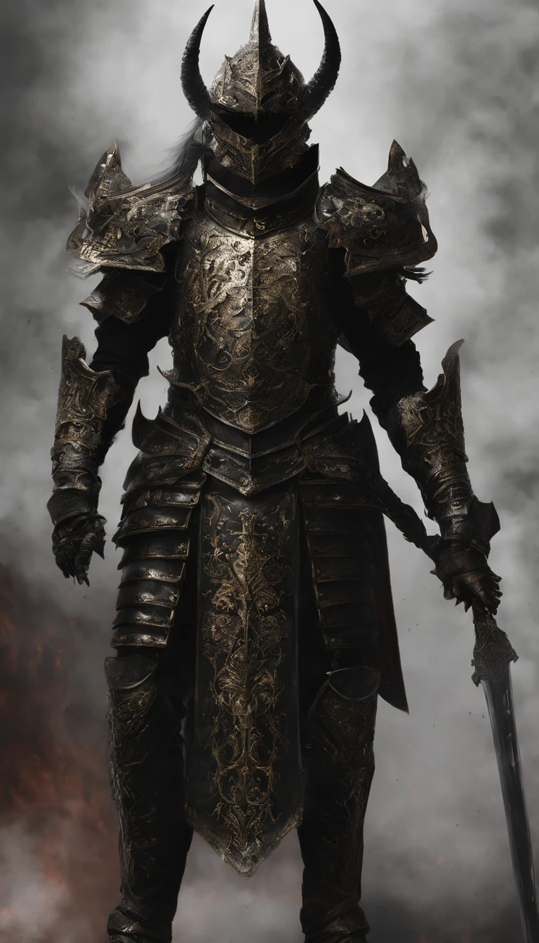 warrior, concept-art, Fantasy art, battleground background, clean render, a horned, Wear a suit of armor, Detailed bushido form smoke, helmet of a forgotten deity, character is standing, 8k Realistic, in game render, detailed face background detail, Art station front page, taur, Pseudo-medieval fantasy, A deity wearing koi armor, detailed bronze armor, Bronze armor, golden etched armor, gold obsidian armor, Light gold armor, Gorgeous filigree armor, A demonic warrior, Gorgeous armor full of thorns, Intricate assasin armor, Intricate metal armor, powerful warrior, Dressed in gorgeous gold armor,Decorated with intricate patterns, The helmet has a large crown and two horns,Glowing red eyes, Everything is in the dark, The smoky background alludes to battle scenes, Add an ominous aura to his character,submission, Full body shot.