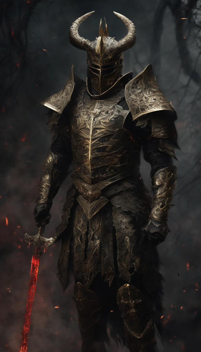warrior, concept-art,  Fantasy art, battleground background, clean render, a horned, Wear a suit of armor, Detailed bushido form smoke, helmet of a forgotten deity, character is standing, 8k Realistic, in game render, detailed face background detail, Art station front page, taur, Pseudo-medieval fantasy, A deity wearing koi armor, detailed bronze armor, Bronze armor, golden etched armor, gold obsidian armor, Light gold armor, Gorgeous filigree armor, A demonic warrior, Gorgeous armor full of thorns, Intricate assasin armor, Intricate metal armor, powerful warrior, Dressed in gorgeous gold armor，Decorated with intricate patterns, The helmet has a large crown and two horns,Glowing red eyes， Everything is in the dark, The smoky background alludes to battle scenes, Add an ominous aura to his character，submission, Full body shot.