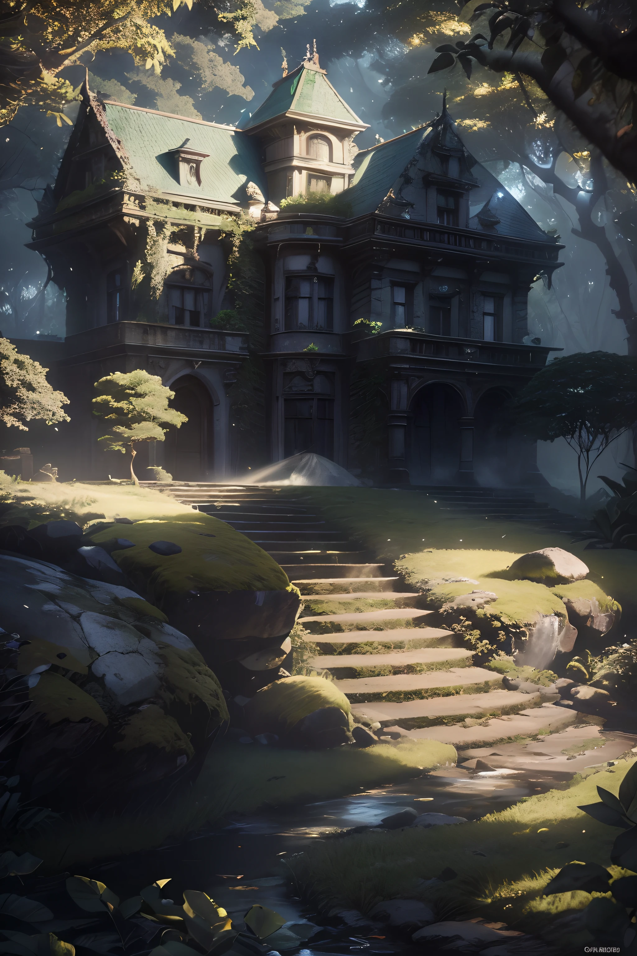 obra-prima, melhor qualidade, (muito detalhado CG unificado papel de parede 8k), (melhor qualidade), (best illustration), (melhor sombra), elfo brilhante com um cervo brilhante, Drinking water in the pool, elementos naturais no tema floresta. floresta misteriosa, bela floresta, Natureza, big mansion, Giant Mansion, Gothic style, Dark and greenish mansion, Mansion in the middle of the forest, cercada de flores, folhas delicadas e galhos cercados por vagalumes (elementos naturais), (Jungle Theme with Mansion), (folhas), (galhos), (vagalumes), (particle effects) e outros 3D, octan render, ray tracing, super detalhado, Besta --v6