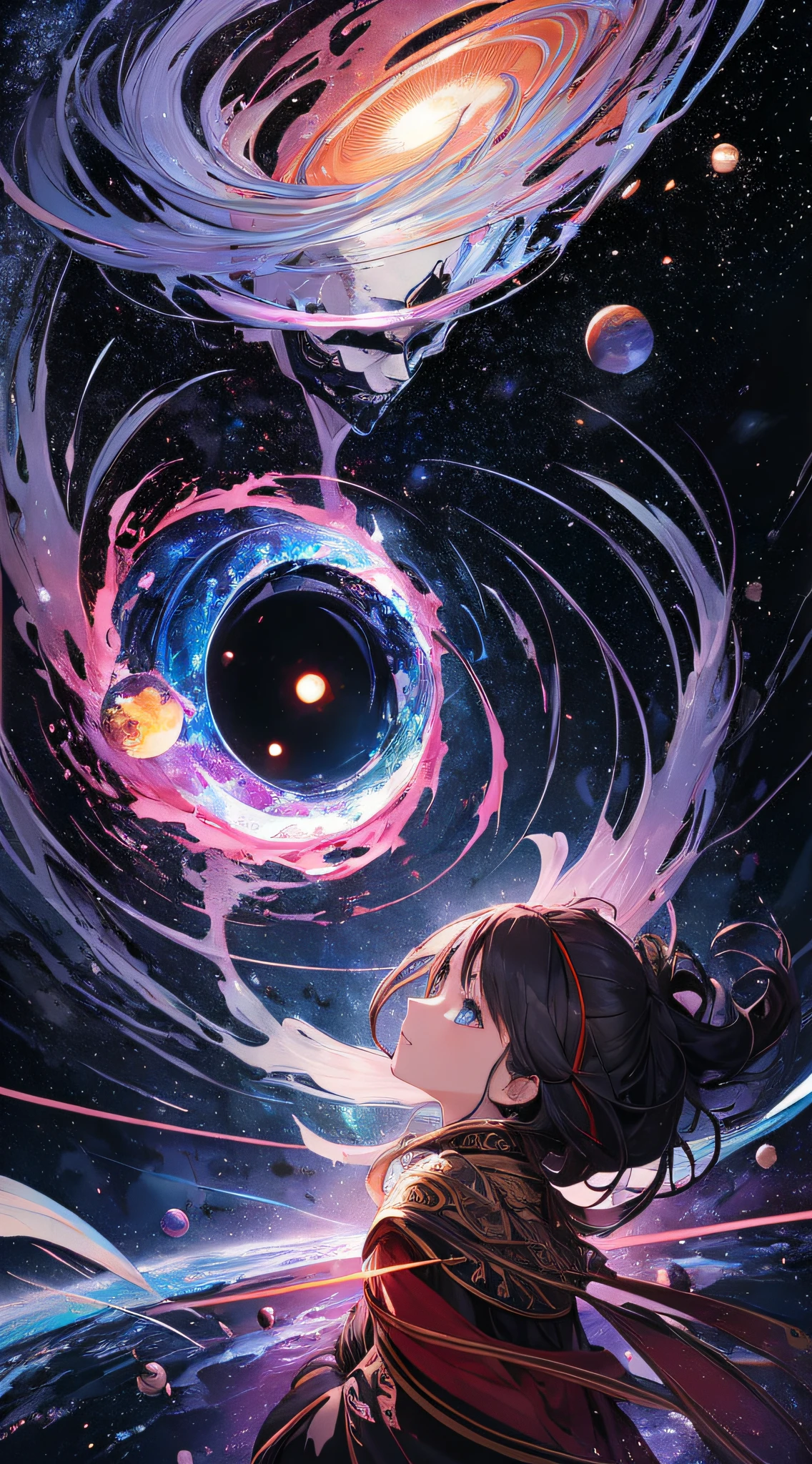 top-quality、Top image quality、masterpiece、masutepiece、Elaborate design、visualart、high contract、The best lighting、highestdetailed、Beautiful universe、Broken Earth、spaceships、black hole、Beautiful outer space、Distorted Moon、Exploding sun、Flowing stars々、tornado、One boy in the center、Blue flash、Red flash