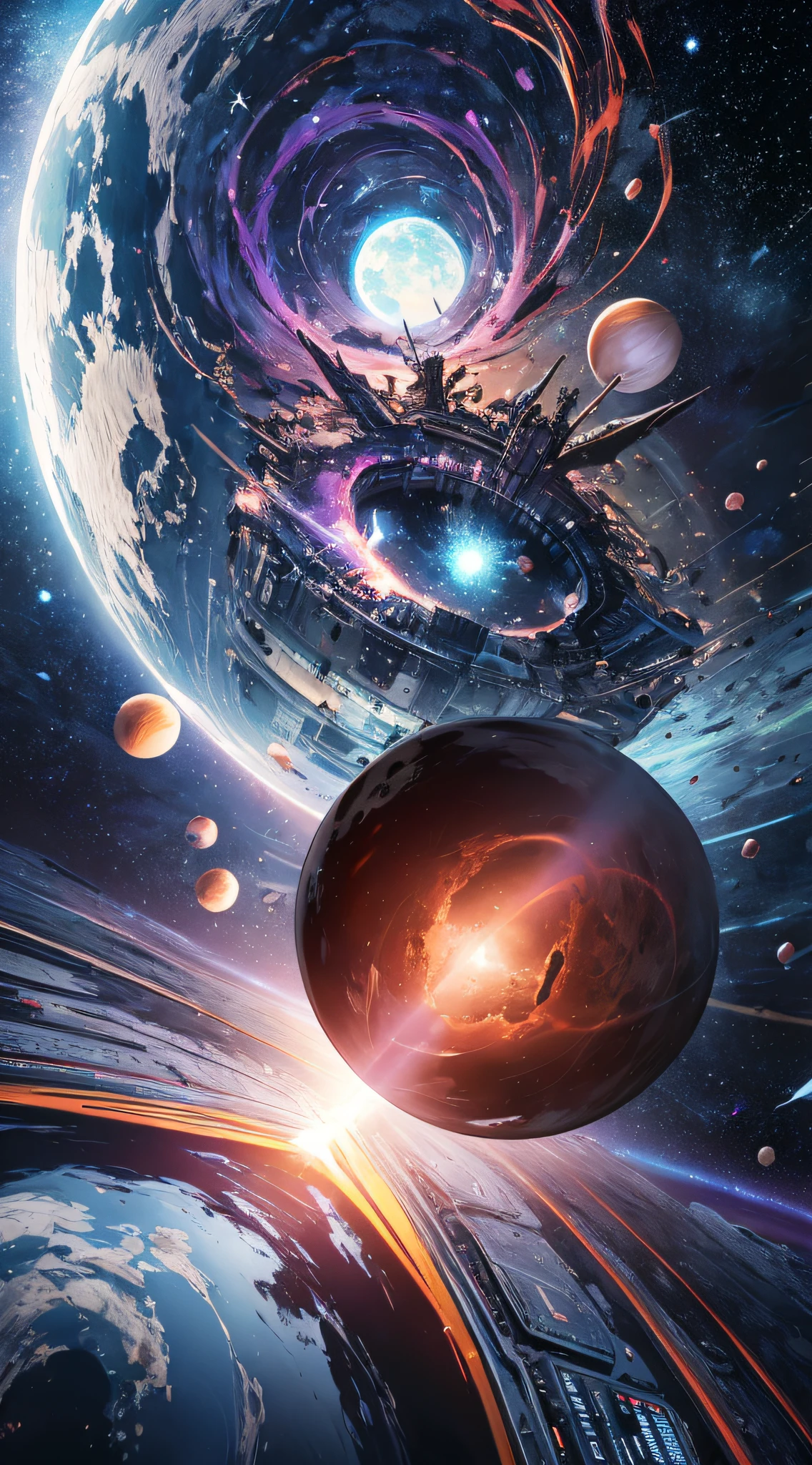 top-quality、Top image quality、masterpiece、masutepiece、Elaborate design、visualart、high contract、The best lighting、highestdetailed、Beautiful universe、Broken Earth、spaceships、black hole、Beautiful outer space、Distorted Moon、Exploding sun、Flowing stars々、tornado、One boy in the center、Blue flash、Red flash