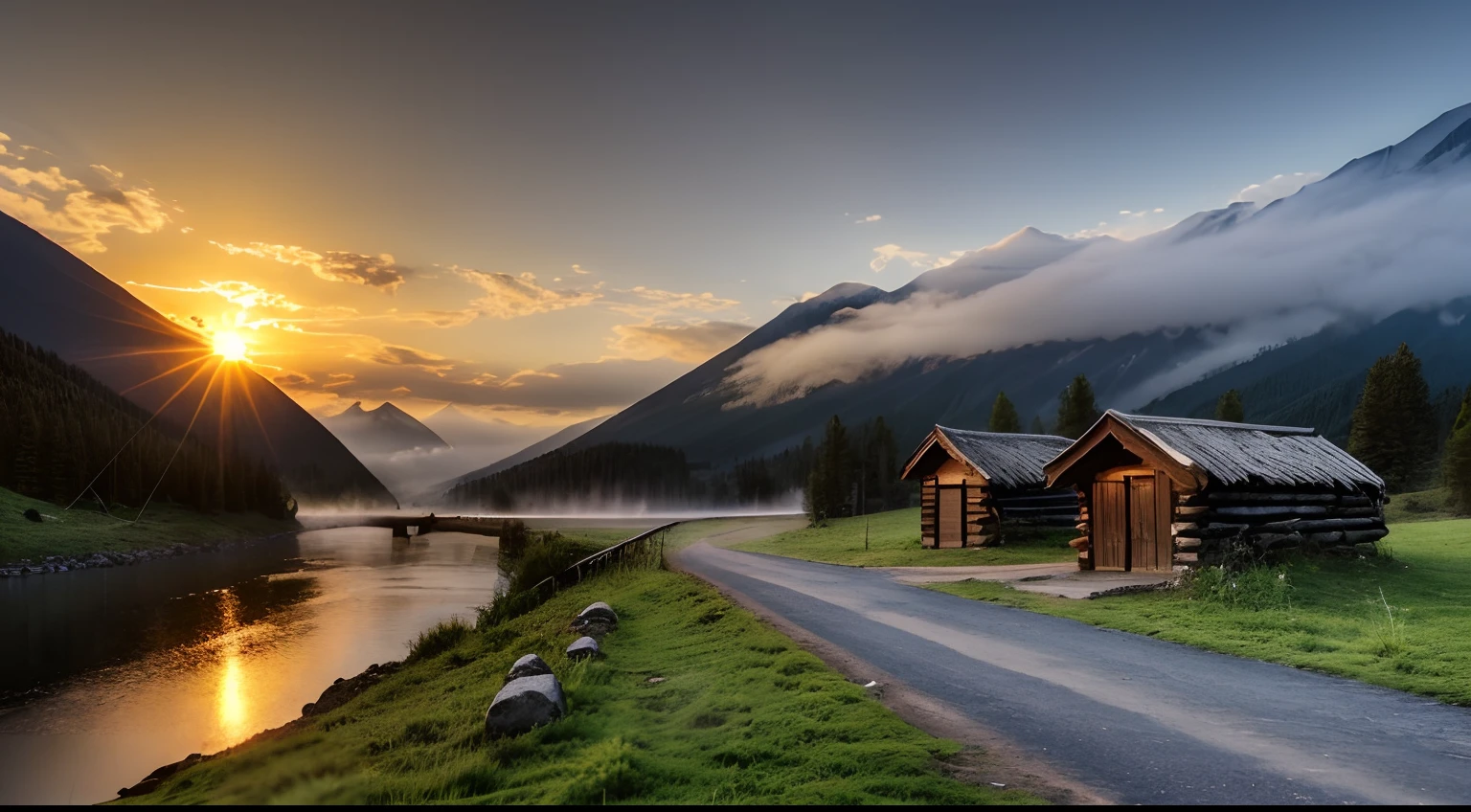 Mountains, River, Clouds, Bridge, Road, Street, hut, sunset, forest, ancient theme, quiet, peaceful, misty, birds