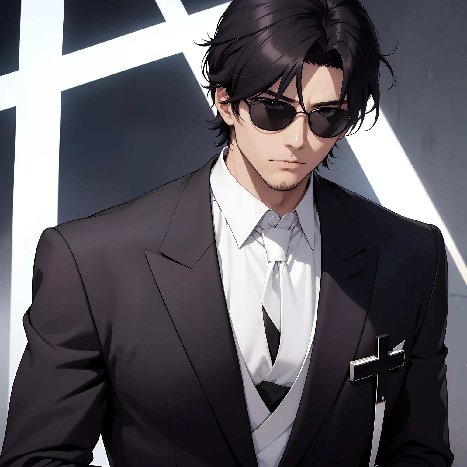 Japan man wearing sunglasses in tall black suit carrying a huge white cross shape、Caminhe pelo deserto selvagem、Oversized open-necked shirt with visible white chest、Terno Preto、I don't wear a tie、pintura de corpo inteiro、Trigun、Pau-de-lobo