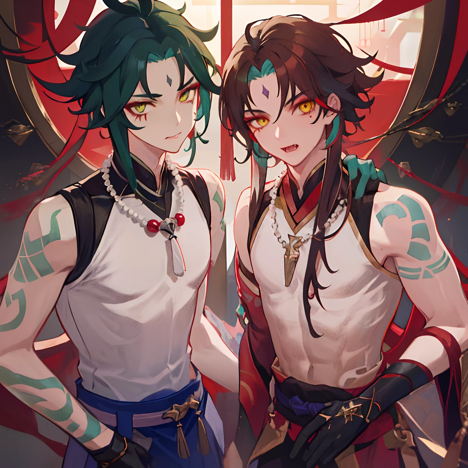 1boy,dark green hair,best quality,masterpiece,extremley,yellow eyes,male focus,beautiful eyes,Xiao (genshin impact), 1 boy, bones necklace, animal fangs necklace, arm tatoo, dark red hair, Chinese clothes, green eyes, male focus, red mark on forehead, no shirt, a red string runs from the shoulder to the chest,look at you with half an eye, smirked, put his hand to his mouth to signal silence, glove, stare at you, looking straight, make ''be quiet" signal, cover mouth by finger, looking at you, inside, red rope cover nipples, red rope cross breast