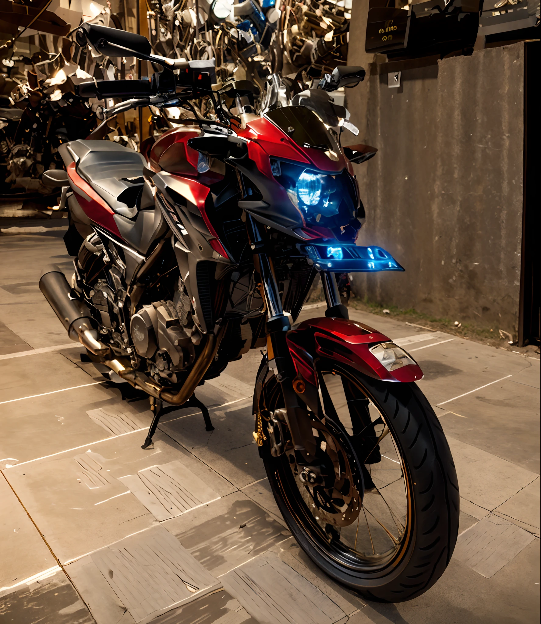 Best quality, masterpiece, 8k, UHD, very detailed, there is a motorcycle parked on a laboratorium modern, front side full, front side view, side front view, front profile!!!!, full device, front side, wide frontal view, full front view, frontal picture, front profile, frontal view, above side view, 8k!!, front profile shot, front view dramatic, real motor cycle, head lamp, super moto, moto GP, super bike, glasses head lamp