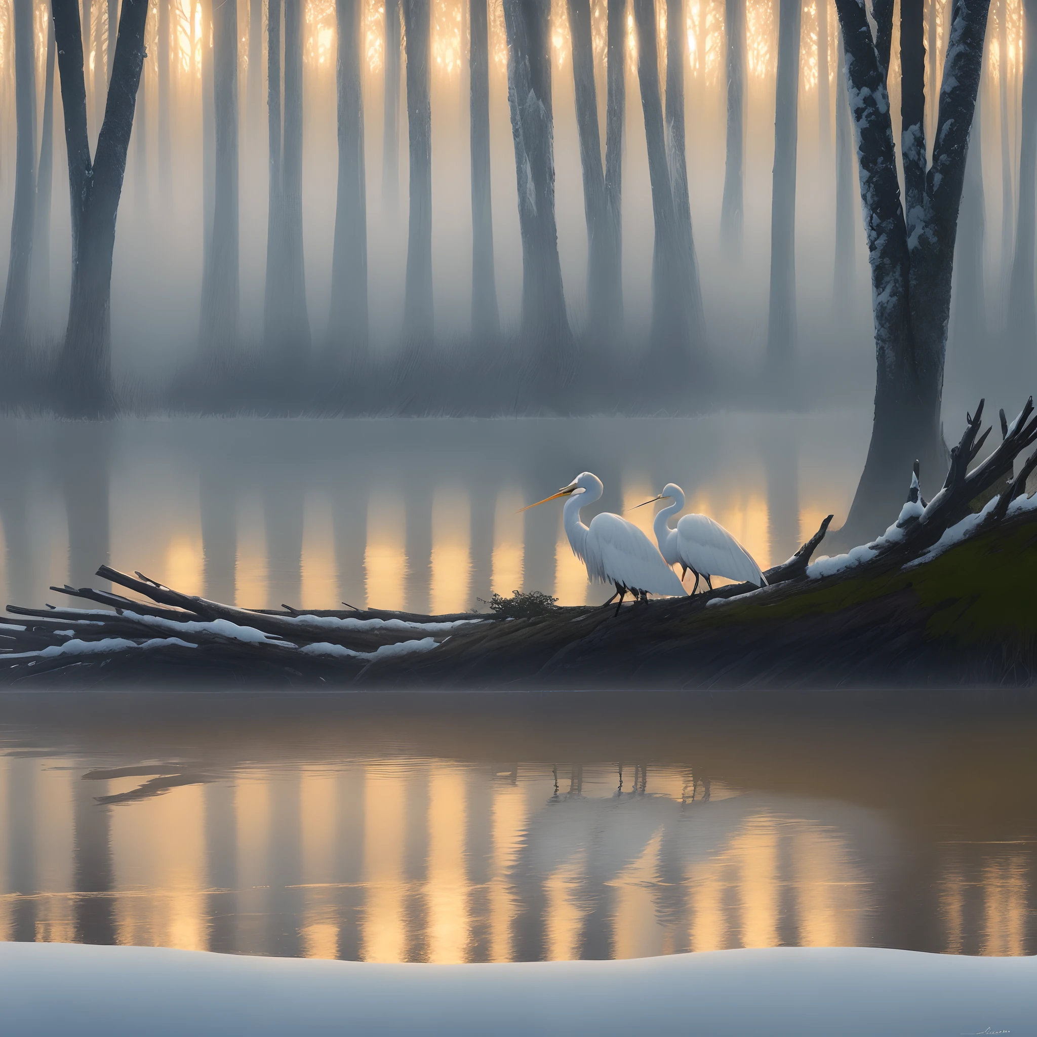 Snowy Egrets...
Prompt:painting of two snowy egrets in a log, misty morning, in the style of naturalistic landscape backgrounds, mysterious jungle, dark white and light navy, lively coastal landscapes, golden light
#snowyegret #wetlands #MJ