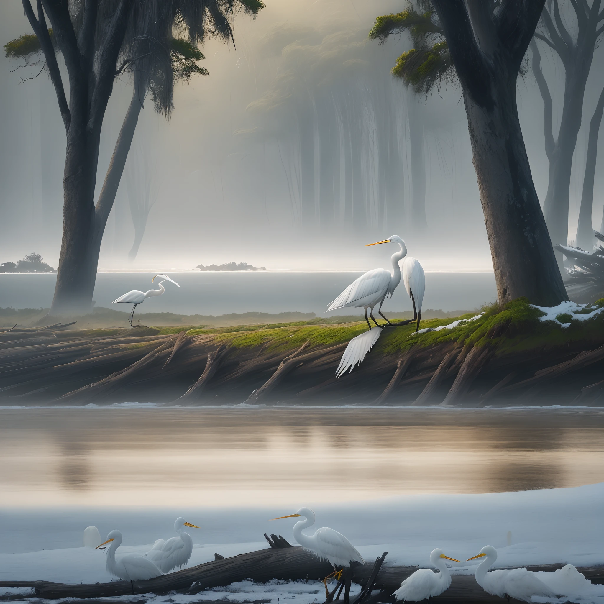 Snowy Egrets...

Prompt:painting of two snowy egrets in a log, misty morning, in the style of naturalistic landscape backgrounds, mysterious jungle, dark white and light navy, lively coastal landscapes, golden light 

#snowyegret #wetlands #MJ