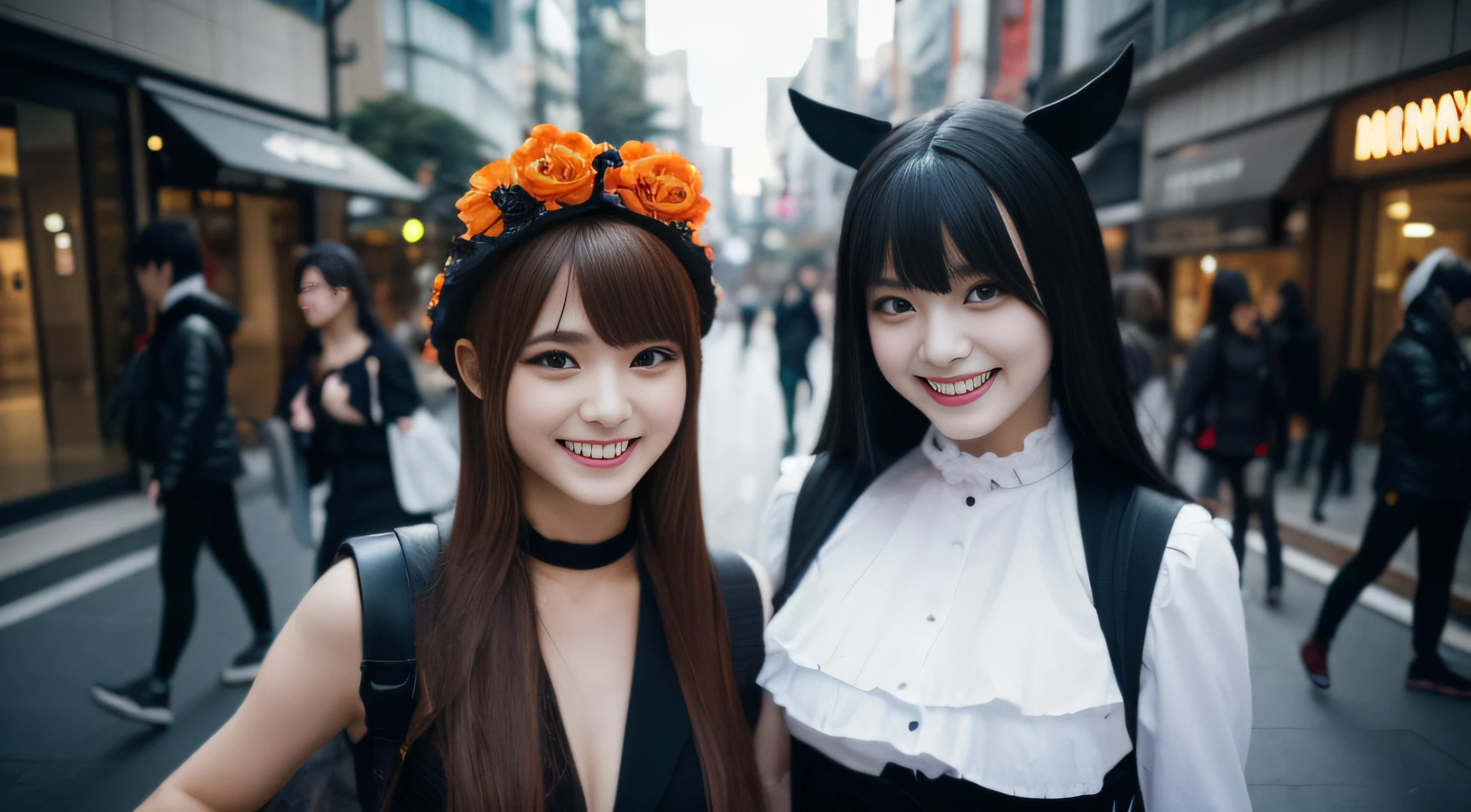 Two women are walking the streets of Shibuya in Halloween cosplay Looking at the camera and smiling