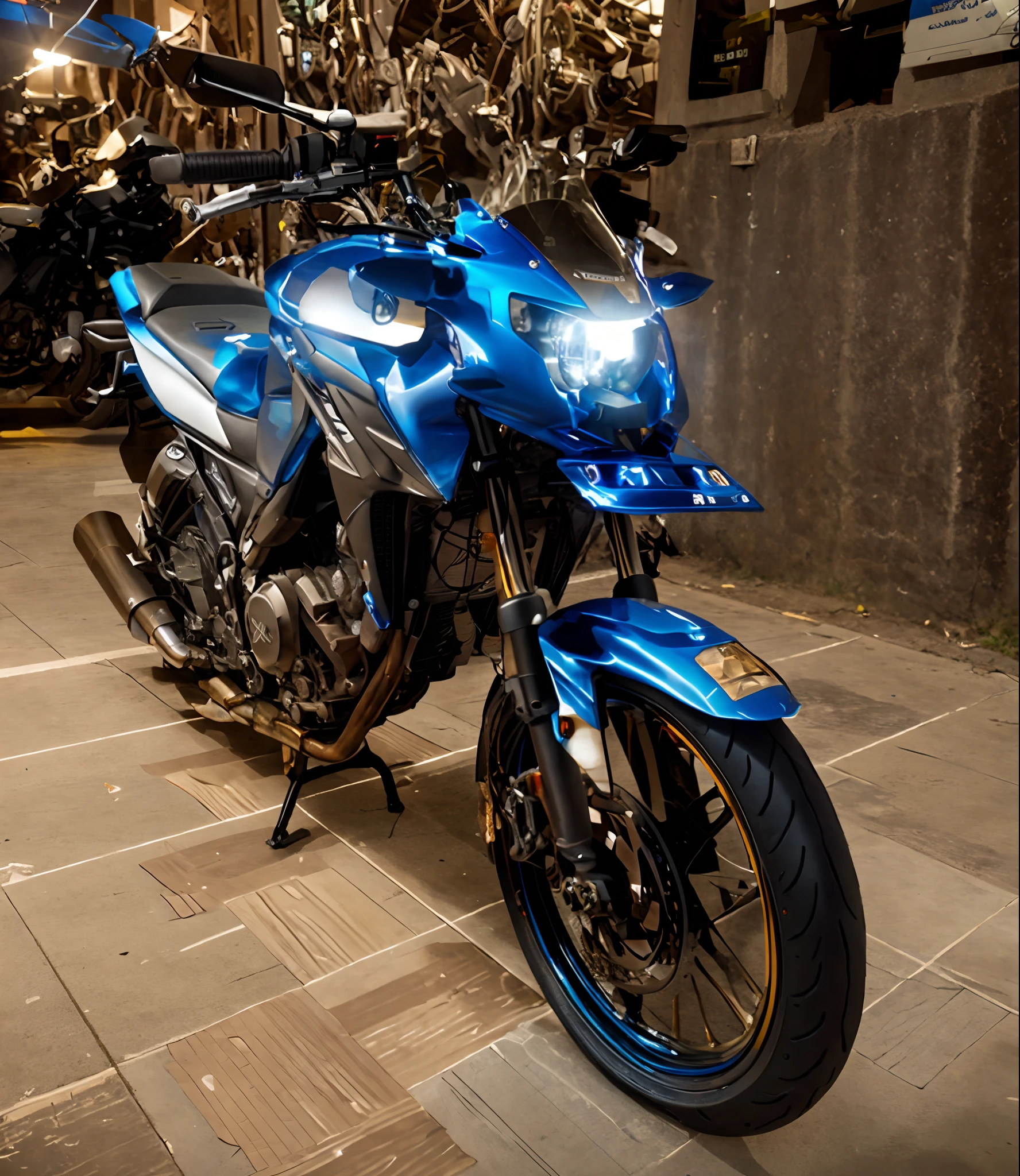 Best quality, masterpiece, 8k, UHD, very detailed, there is a motorcycle parked on a laboratorium modern, front side full, front side view, side front view, front profile!!!!, full device, front side, wide frontal view, full front view, frontal picture, front profile, frontal view, above side view, 8k!!, front profile shot, front view dramatic, real motor cycle, head lamp, super moto, moto GP, super bike, glasses head lamp