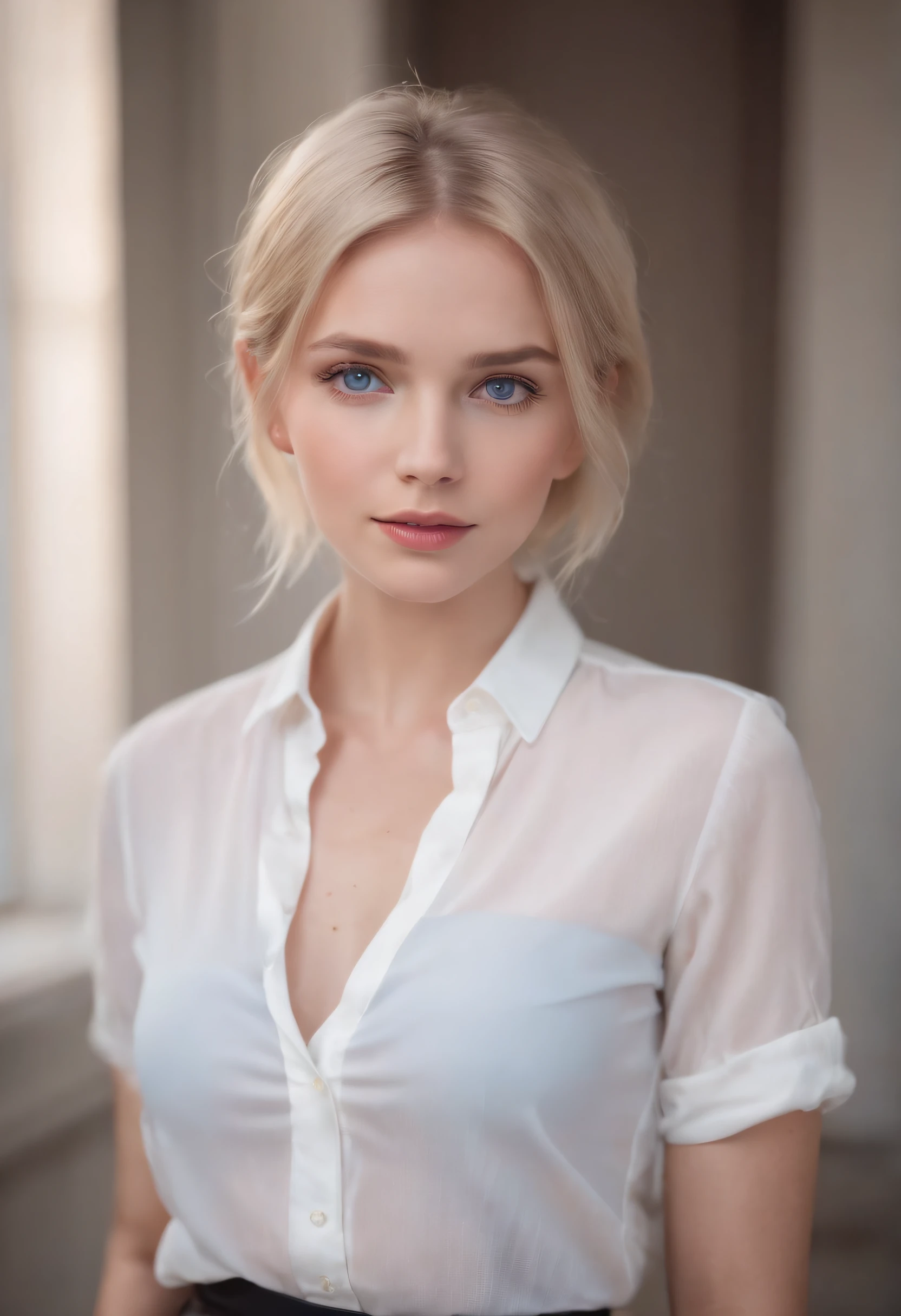 Professional photo of beautiful short blonde hair girl, blue colored eyes, Translucent skirt,white shirt,lighting perfect,
