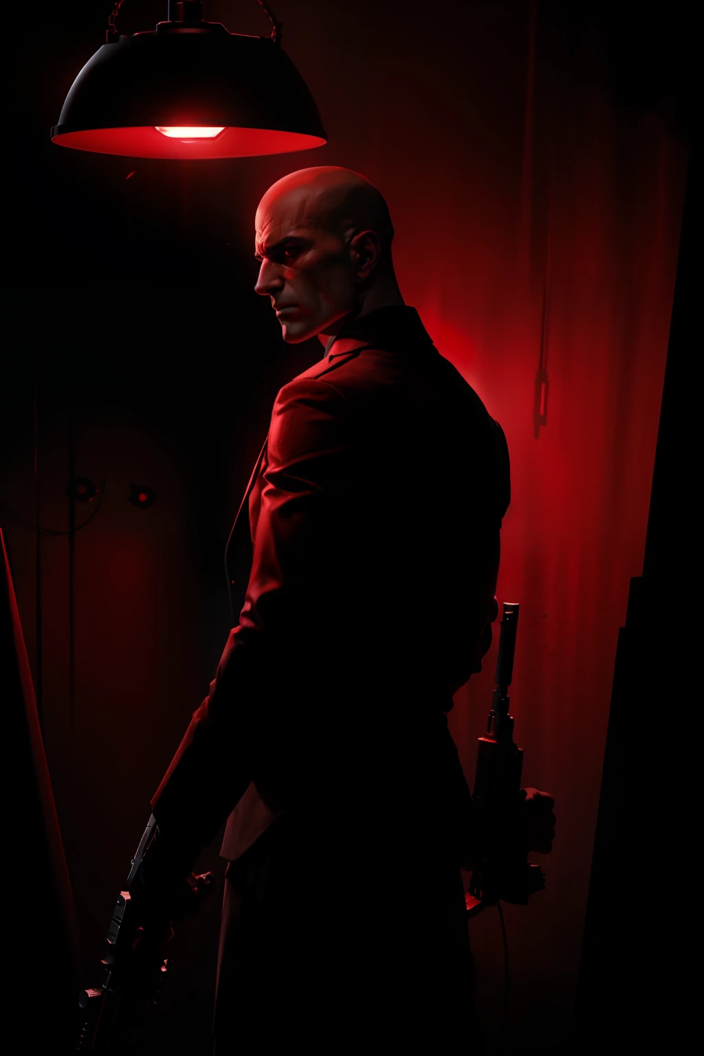 The Arafed man held a gun in a dark room, red and cinematic lighting, hitman, cinematic Red lighting, rendered in sfm, With cinematic lighting, black octane render, cinematic back lit lighting, high contrast cinematic lighting, sfm render, cinematic backlighting, promo art, dramatic lighting render, key art, high detail iconic character, hyperealistic octane render