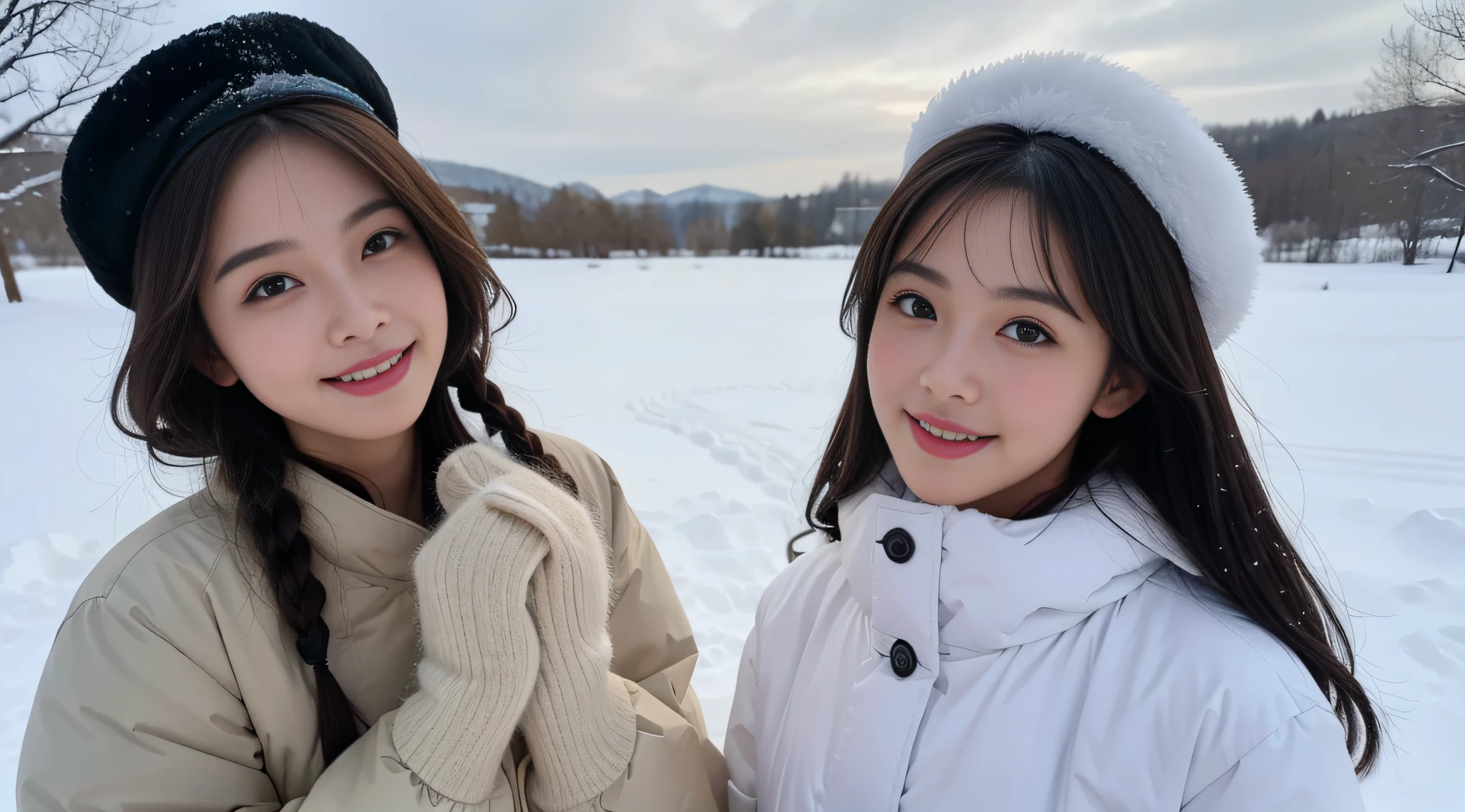((top-quality,8K,tmasterpiece:1.3)),cute women,1个Giant Breast Girl,,dark brown hair,down jacket,Super detailed face,Detailed lips,Detailed eyes,二重まぶた,(:1.2)in snow,Underwear snow,grin,wearing a cute hat,围巾,mitts
