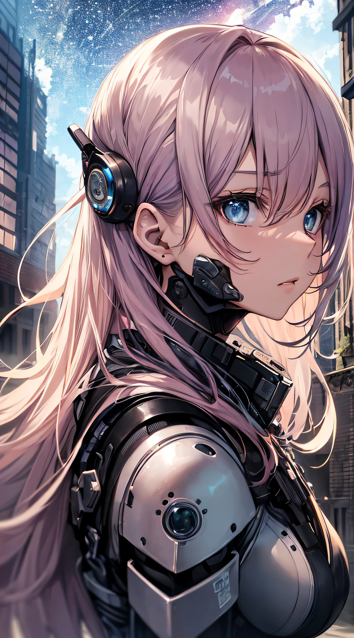 top-quality、Top image quality、masterpiece、girl with((18year old、cyborgs、System Dynamics、Metallic body、Best Bust、Medium bust、Long pink hair、Light blue eyes、Beautiful back、deadpan、Breasts wide open、Pick up machine parts))hiquality、Beautiful Art、Background with(A desert、Collapsed buildings、natta、nigh sky、stele々)),masutepiece、Elaborate design、visualart、depth of fields、The best lighting、highestdetailed、low angles