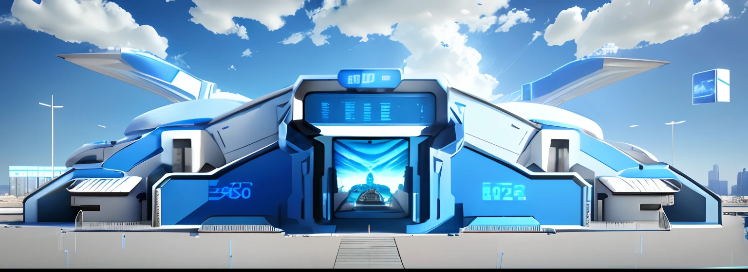 Large blue and white display, Bold experimental style, Blue, City signs, realistic blue skies, Futuristic technology, Minimalism, 8K 3D style, Blue and white, Harco, Industrial and product design, Hiking core, 32k ULTRAHD, New objectivity