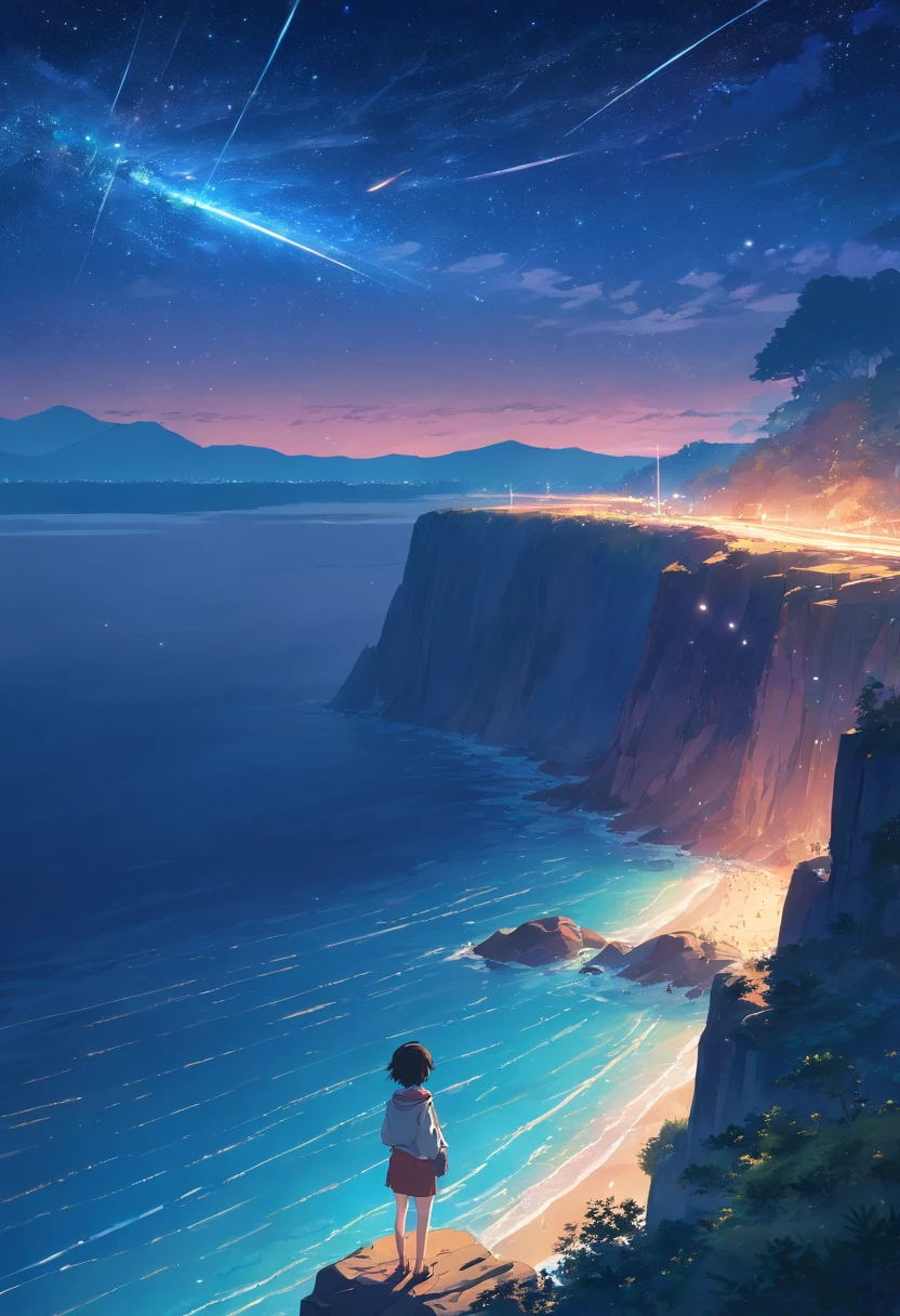 amazing landscape, At night with beautiful stars and big comets, There is a cliff in the foreground