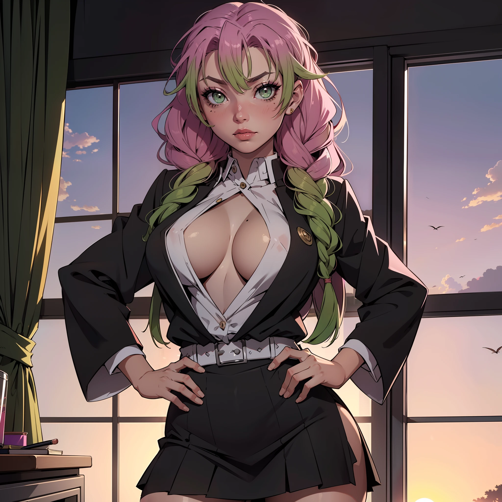 (highres, high quality:1.3), intricate details, cinematic lighting, sharp focus, depth of field, ((Mitsuri (demon slayer))), a girl with long green-pink gradient hair and green eyes, green hair, gradient hair, multicolored hair, long hair, 1girl, solo, mature female, looking at viewer, standing, hands on hips, office, window, evening, sunset,
serious, makeup, lipstick, (mole under mouth:0.8), eyelashes, detailed eyes, perfect face,
business suit, formal, skirt suit, jacket suit,
large breasts, cleavage, thighs, see lingerie