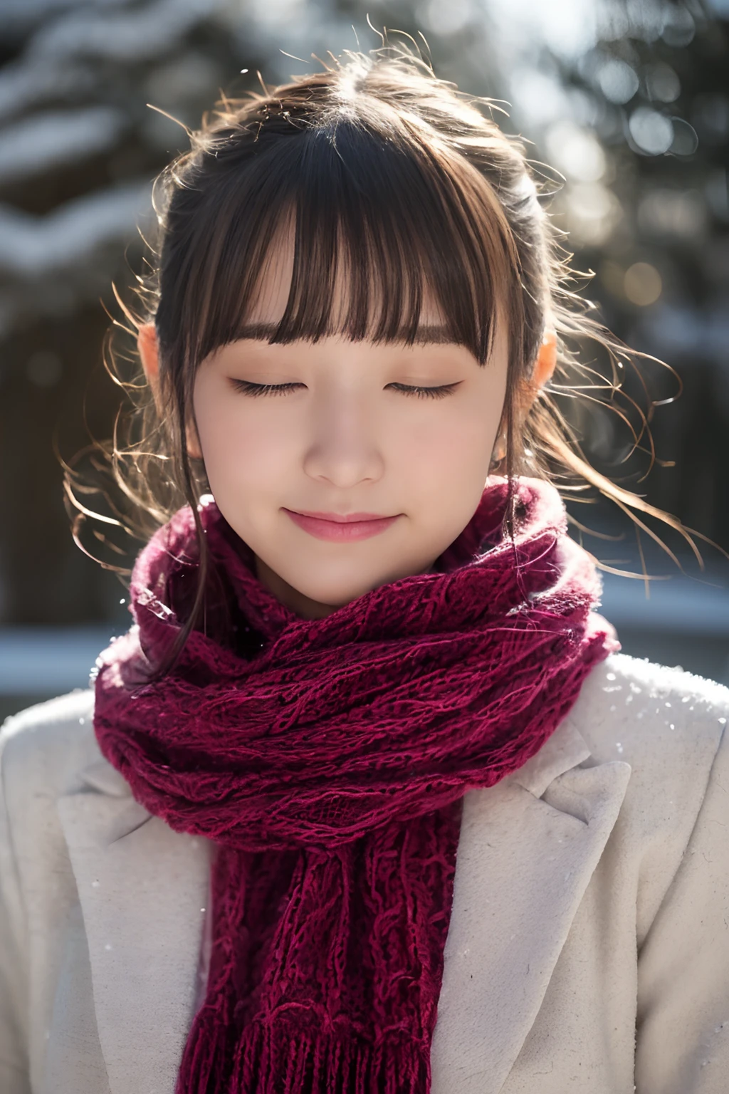 ((no-makeup、Close your eyes、closes mouth:1.2))、(realisitic、Photorealsitic、ultra-detailliert、Highest Details Skins、top-quality、​masterpiece、超A high resolution)、Cute Japan Woman、、hi-school girl、younggirl、1 girl in、I have bangs、二重まぶた、drooing eyes、Japanese style face、purity、double tooth、Realistic skin type、Thick muffler、Grey muffler、fluffy hair、((Hair is inside the scarf:1.3))、Red cheeks、The wind is blowing、It's snowing、natta、illuminations、Lighting from behind