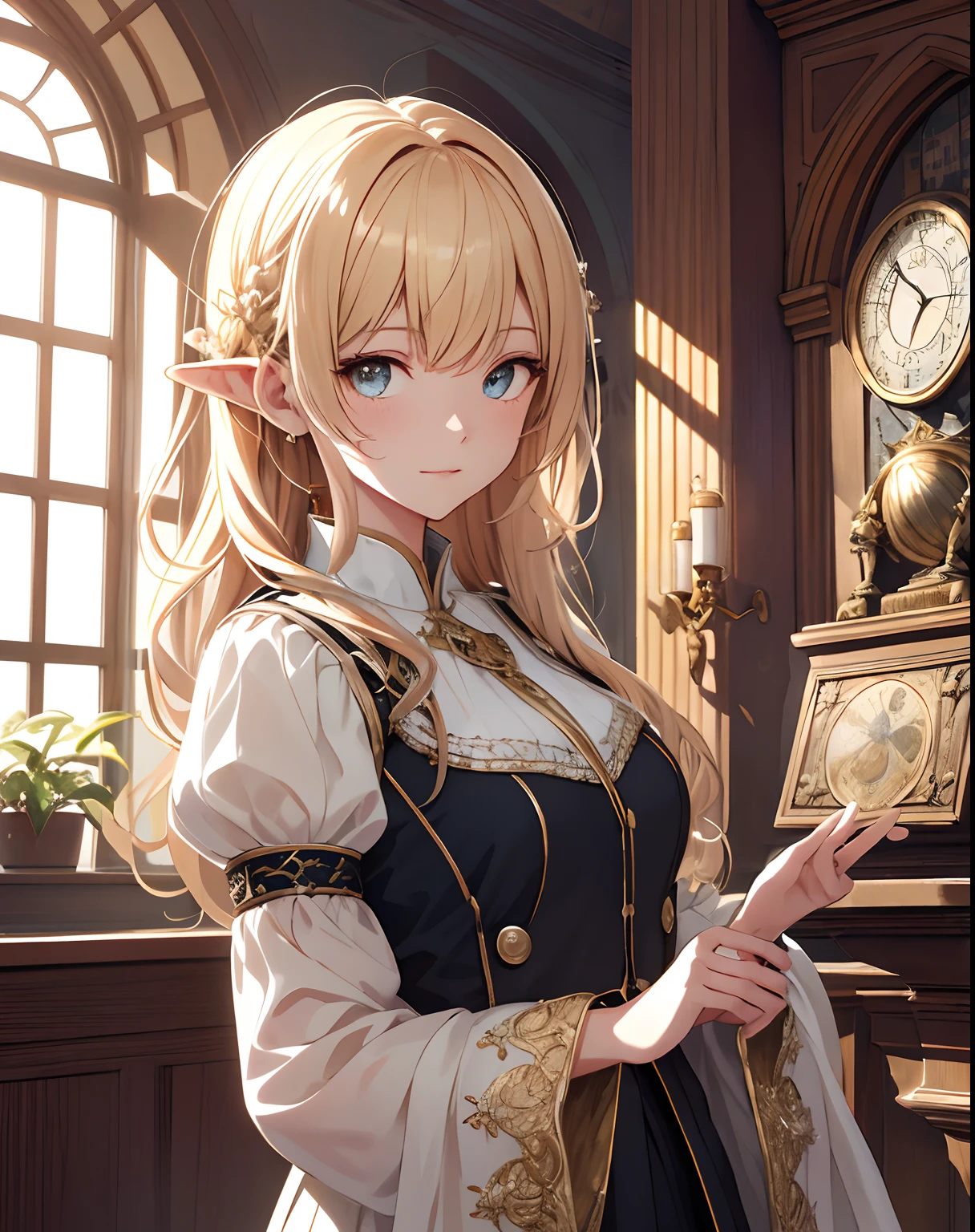 hight resolution, foco nítido, pixiv's masterpiece, ((intricate detailes)), highly detaile, pointy ear, Heterochromia, 独奏, blonde hair, gloves, Green eyes, Blue Eye, Ahoge, 1girl in, shorth hair, Red Shirt, vests, Long sleeve, Brown gloves, elvish, Dark skinned, White pants、The background is the library、Adults、morpheus、E-cup、Aura of Overlord、siesta、