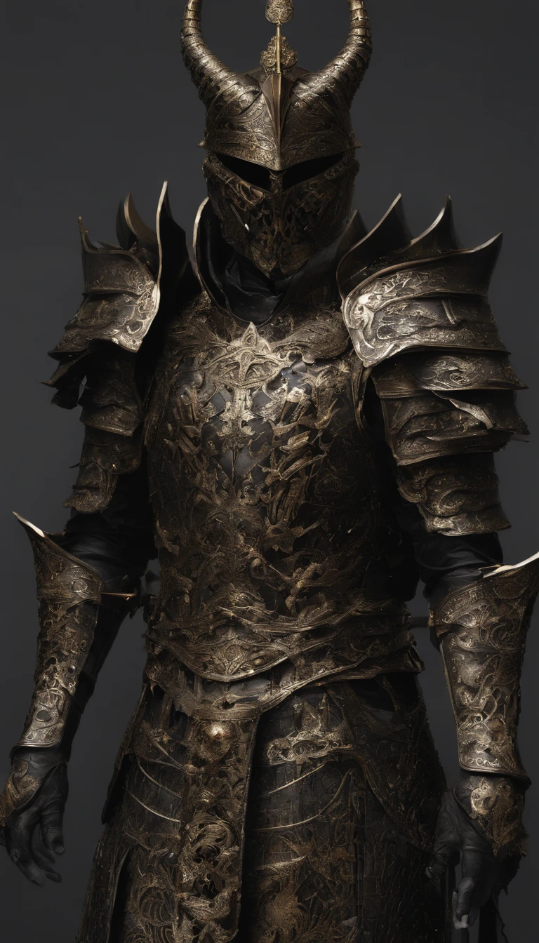 warrior, concept-art, Fantasy art, battleground background, clean render, a horned, Wear a suit of armor, Detailed bushido form smoke, helmet of a forgotten deity, character is standing, 8k Realistic, in game render, detailed face background detail, Art station front page, taur, Pseudo-medieval fantasy, Skeleton in koi armor, detailed bronze armor, Bronze armor, golden etched armor, gold obsidian armor, Light gold armor, Gorgeous filigree armor, skeleton warrior, Gorgeous armor full of thorns, Intricate assasin armor, Intricate metal armor, powerful warrior, Dressed in gorgeous gold armor,Decorated with intricate patterns, The helmet has a large crown and two horns,Glowing red eyes, Everything is in the dark, The smoky background alludes to battle scenes, Add an ominous aura to his character,submission, Full body shot.