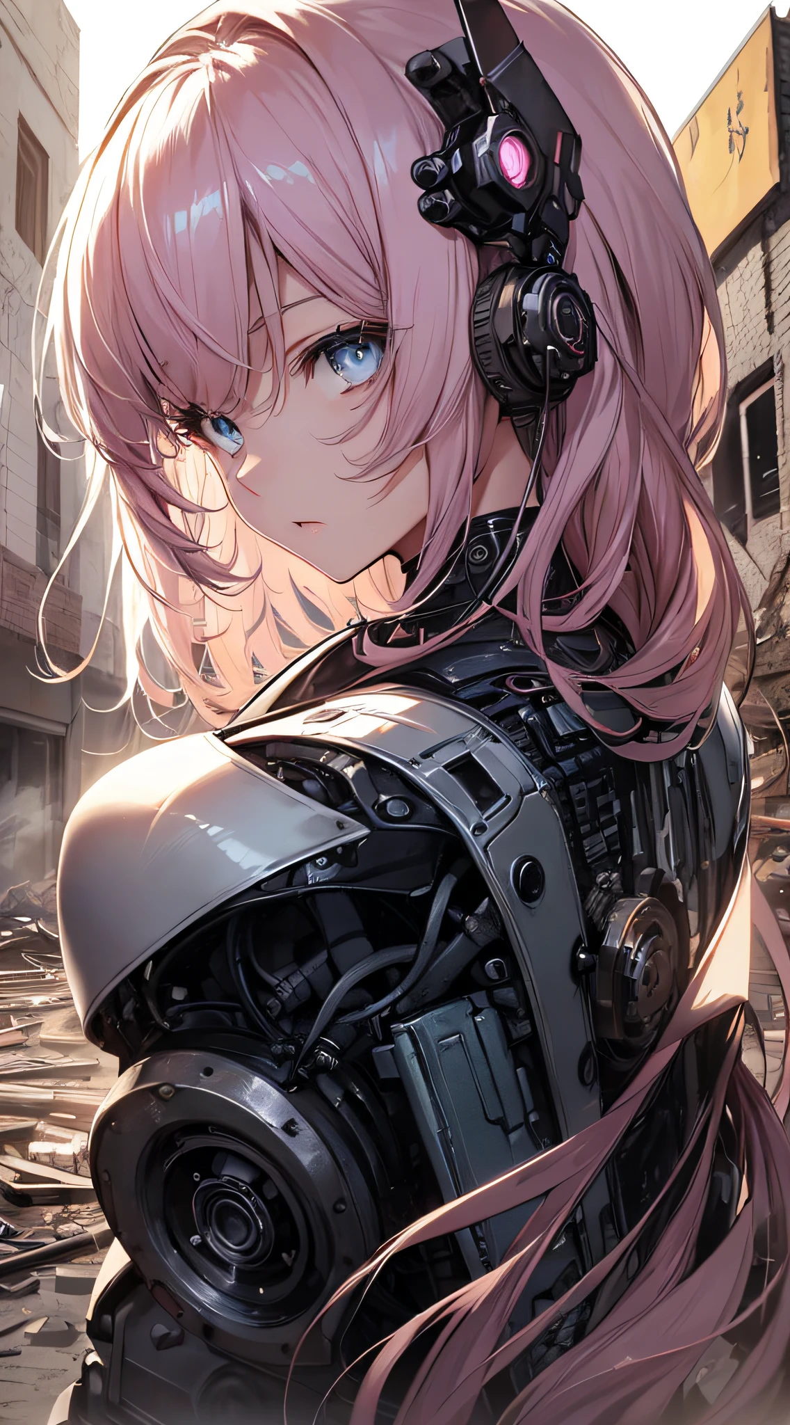 top-quality、Top image quality、masterpiece、girl with((18year old、cyborgs、System Dynamics、Metallic body、Best Bust、Medium bust、Long pink hair、Light blue eyes、Beautiful back、deadpan、Breasts wide open、low angles、Look around))hiquality、Beautiful Art、Background with(A desert、Collapsed buildings、Broken Robots)),masutepiece、Elaborate design、visualart、depth of fields、The best lighting、highestdetailed、low angles