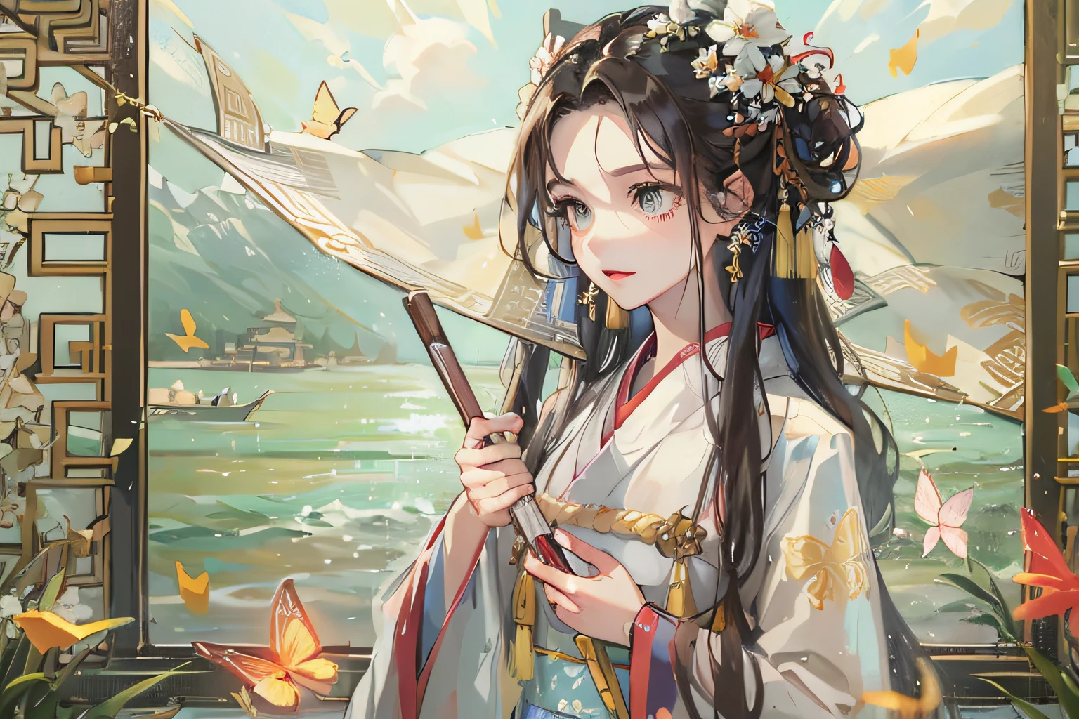 ((tmasterpiece,best qualityer)),1 beauty,A small boat,a drawing,(a color),Clear your face,(Ancient Chinese clothing),)Hanfu,Ancient hair ornaments,butterflys,rays of sunshine,Epic composition,highest quality,8K,ancient wind