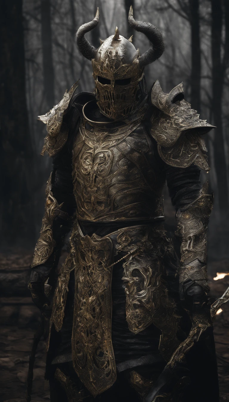 warrior, concept-art, Fantasy art, battleground background, clean render, a horned, Wear a suit of armor, Detailed bushido form smoke, helmet of a forgotten deity, character is standing, 8k Realistic, in game render, detailed face background detail, Art station front page, taur, Pseudo-medieval fantasy, Skeleton in koi armor, detailed bronze armor, Bronze armor, golden etched armor, gold obsidian armor, Light gold armor, Gorgeous filigree armor, skeleton warrior, Gorgeous armor full of thorns, Intricate assasin armor, Intricate metal armor, powerful warrior, Dressed in gorgeous gold armor,Decorated with intricate patterns, The helmet has a large crown and two horns,Glowing red eyes, Everything is in the dark, The smoky background alludes to battle scenes, Add an ominous aura to his character,submission, Full body shot.