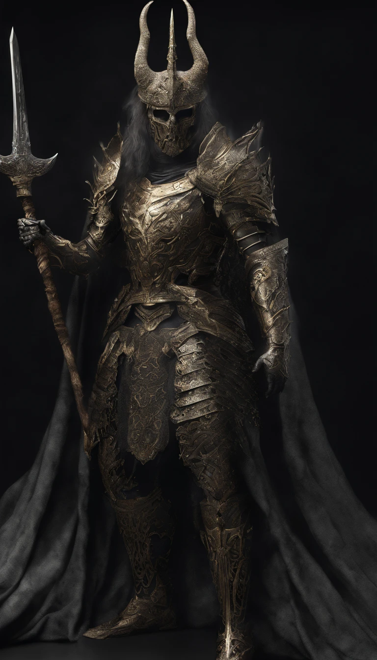 warrior, concept-art, Fantasy art, battleground background, clean render, a horned, Wear a suit of armor, Detailed bushido form smoke, helmet of a forgotten deity, character is standing, 8k Realistic, in game render, detailed face background detail, Art station front page, taur, Pseudo-medieval fantasy, Skeleton in koi armor, detailed bronze armor, Bronze armor, golden etched armor, gold obsidian armor, Light gold armor, Gorgeous filigree armor, skeleton warrior, Gorgeous armor full of thorns, Intricate assasin armor, Intricate metal armor, powerful warrior, Dressed in gorgeous gold armor,Decorated with intricate patterns, The helmet has a large crown and two horns,Glowing red eyes, Everything is in the dark, The smoky background alludes to battle scenes, Add an ominous aura to his character,submission, Full body shot.