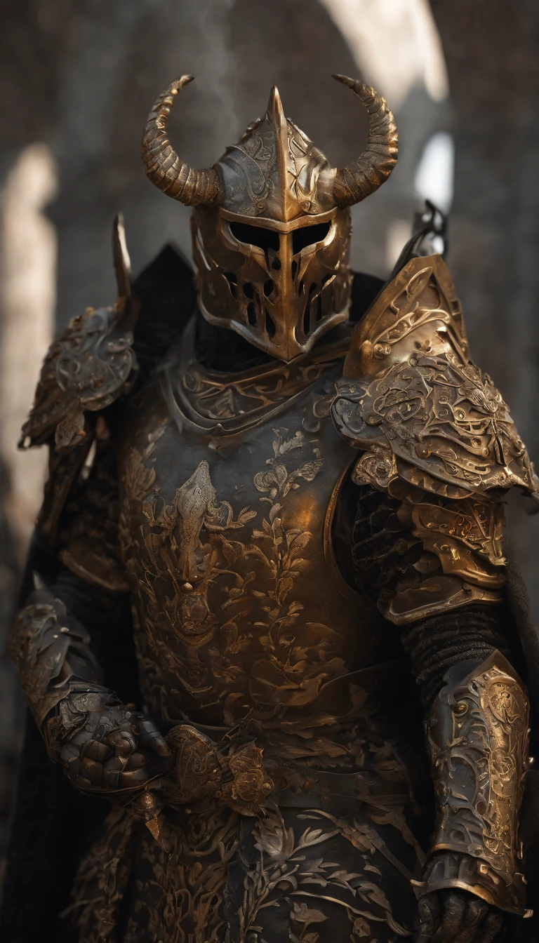 warrior, concept-art,  Fantasy art, battleground background, clean render, a horned, Wear a suit of armor, Detailed bushido form smoke, helmet of a forgotten deity, character is standing, 8k Realistic, in game render, detailed face background detail, Art station front page, taur, Pseudo-medieval fantasy, Skeleton in koi armor, detailed bronze armor, Bronze armor, golden etched armor, gold obsidian armor, Light gold armor, Gorgeous filigree armor, skeleton warrior, Gorgeous armor full of thorns, Intricate assasin armor, Intricate metal armor, powerful warrior, Dressed in gorgeous gold armor，Decorated with intricate patterns, The helmet has a large crown and two horns,Glowing red eyes， Everything is in the dark, The smoky background alludes to battle scenes, Add an ominous aura to his character，submission, Full body shot.